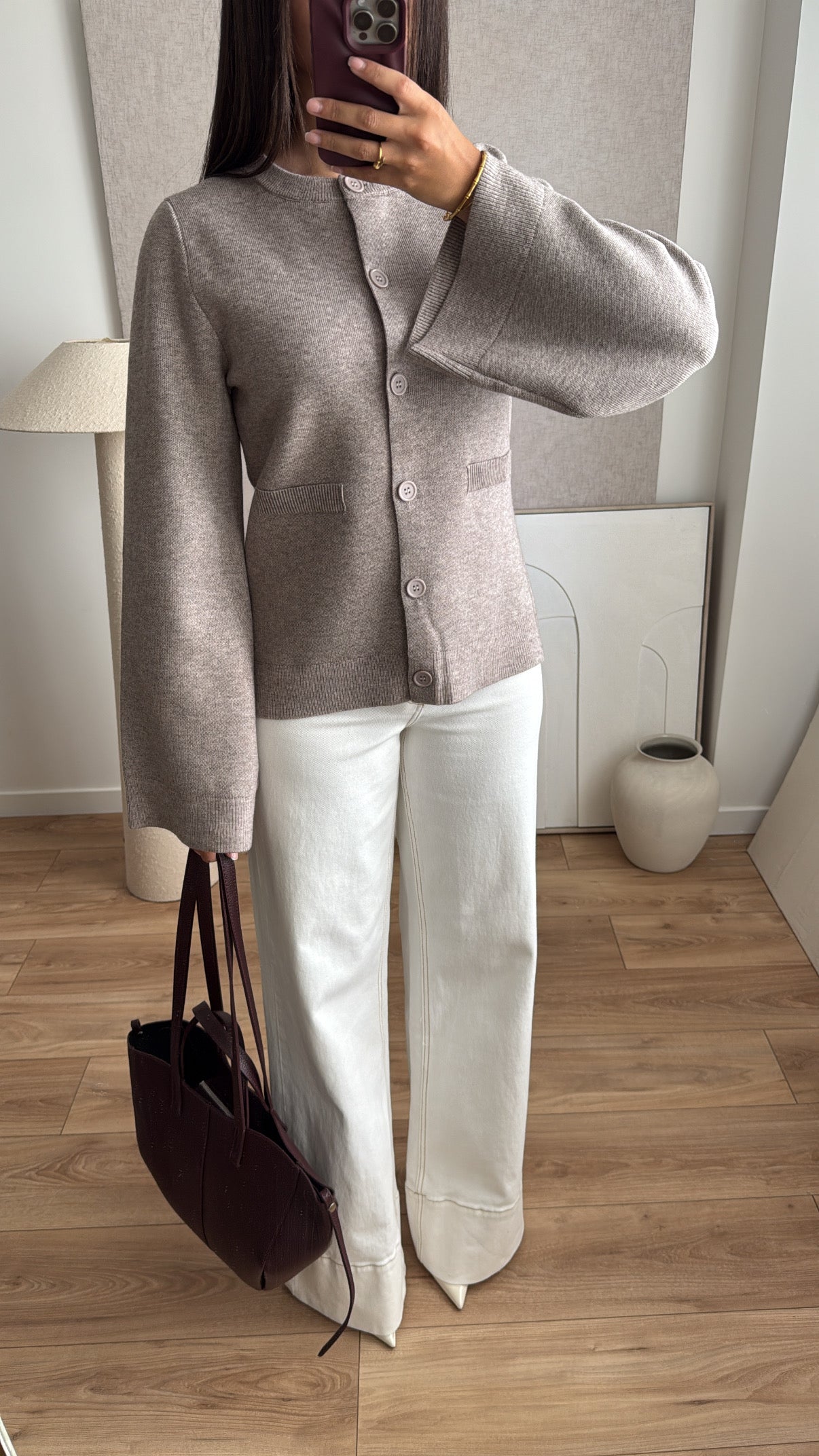 Waist-cinching cardigan with flared sleeves and mock neck [MOCK NECK TAUPE