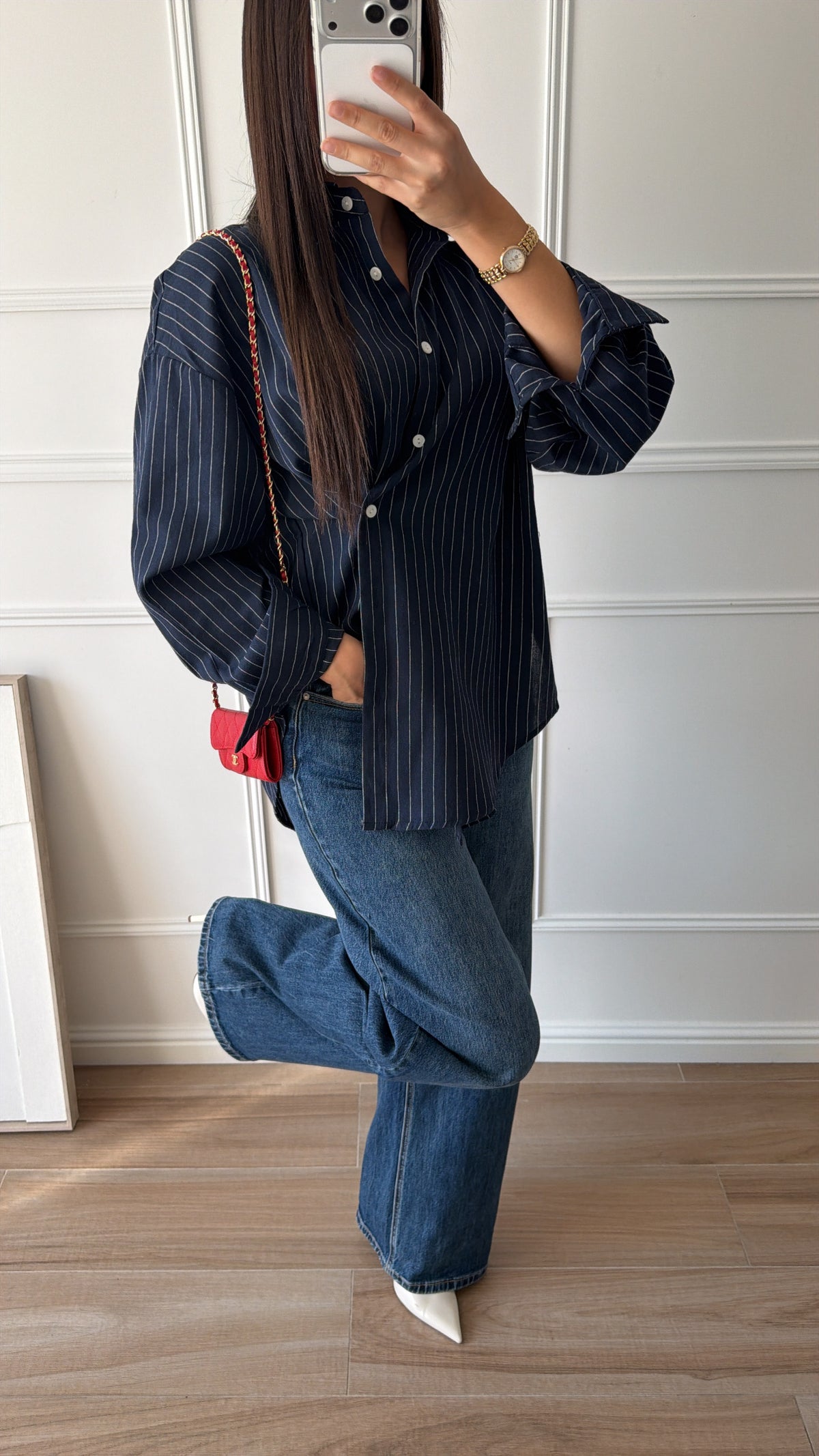 striped denim shirt