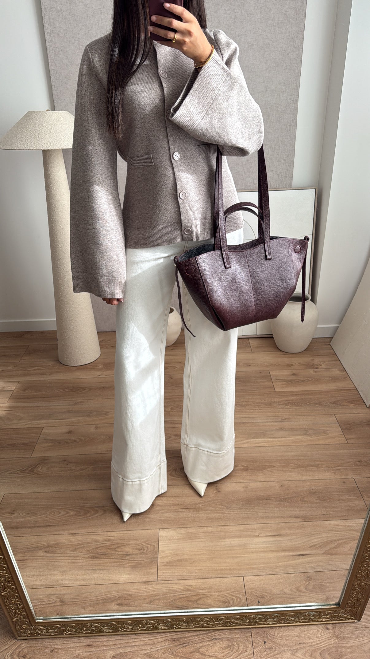 Waist-cinching cardigan with flared sleeves and mock neck [MOCK NECK TAUPE