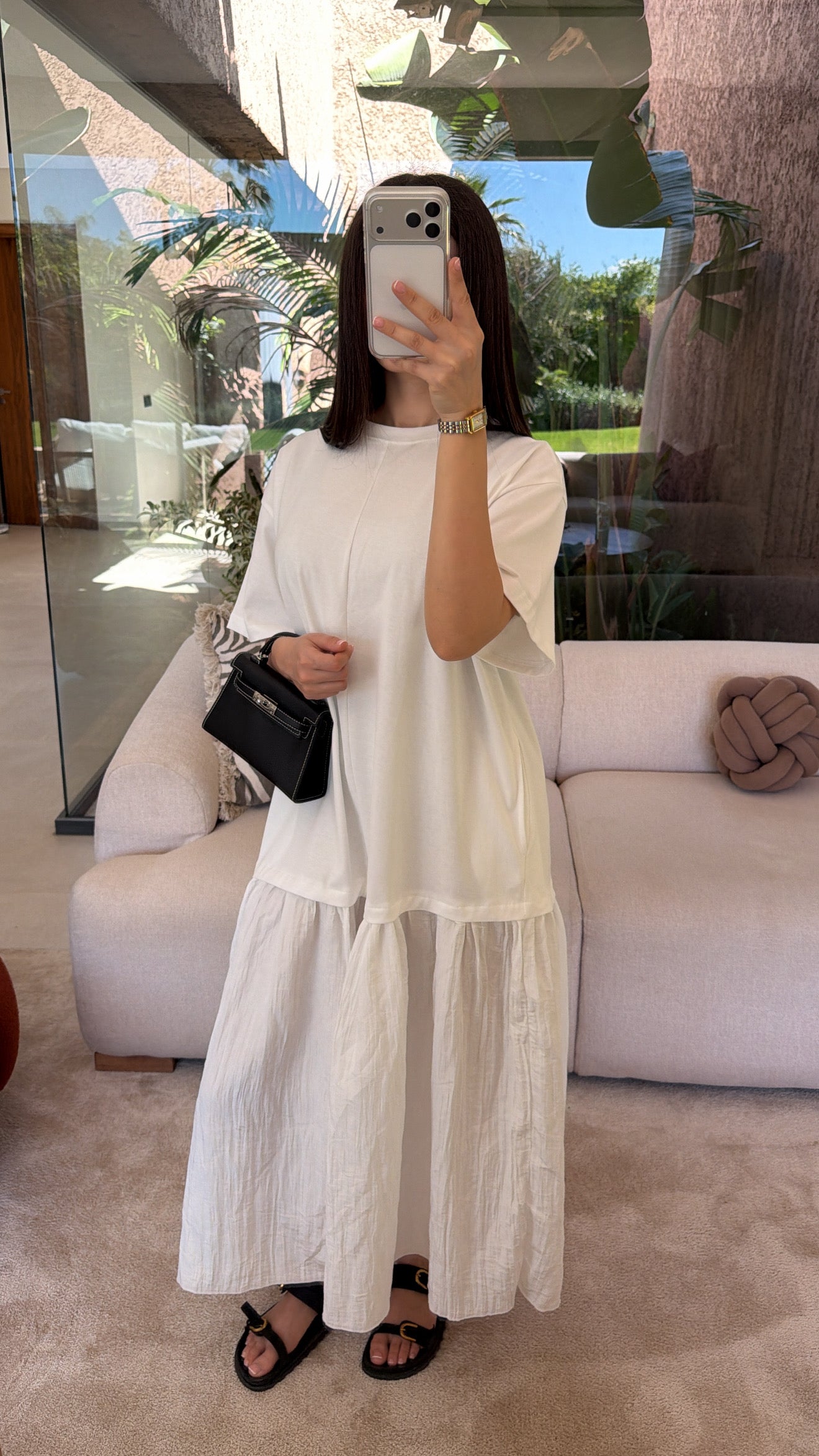 White two-fabric maxi dress