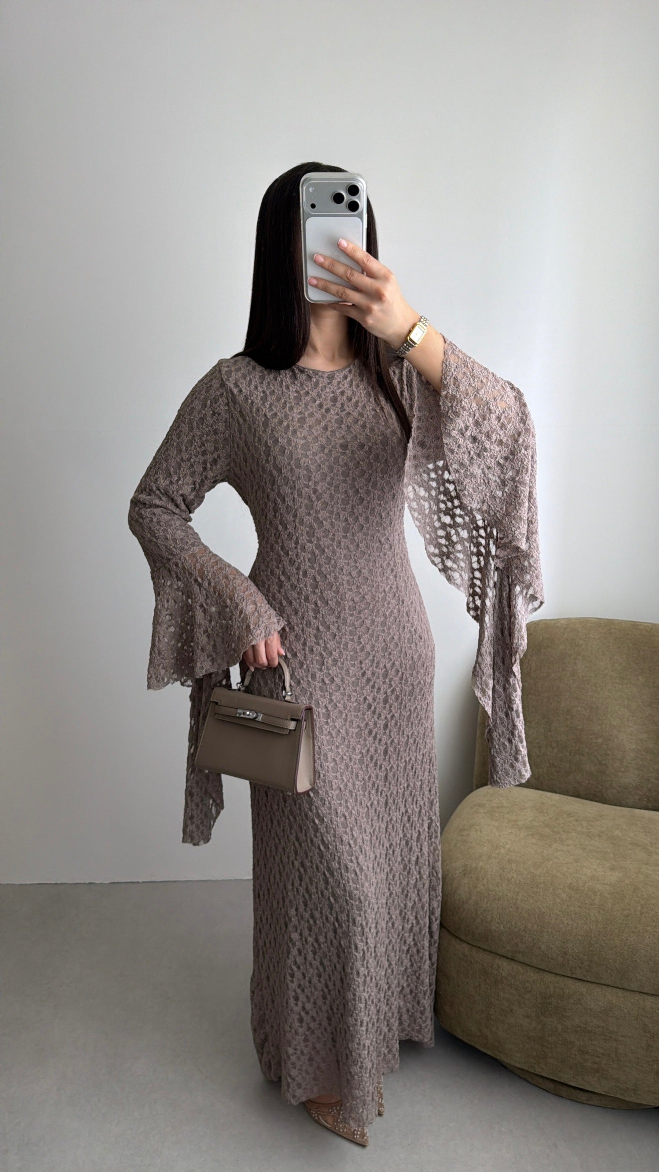 Taupe lace maxi dress