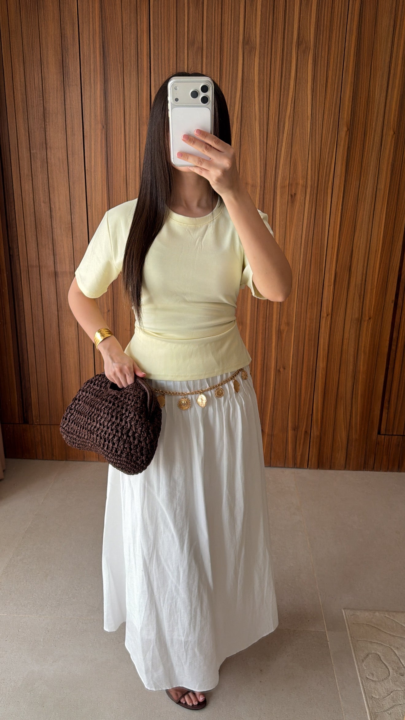 White pleated linen-effect maxi skirt