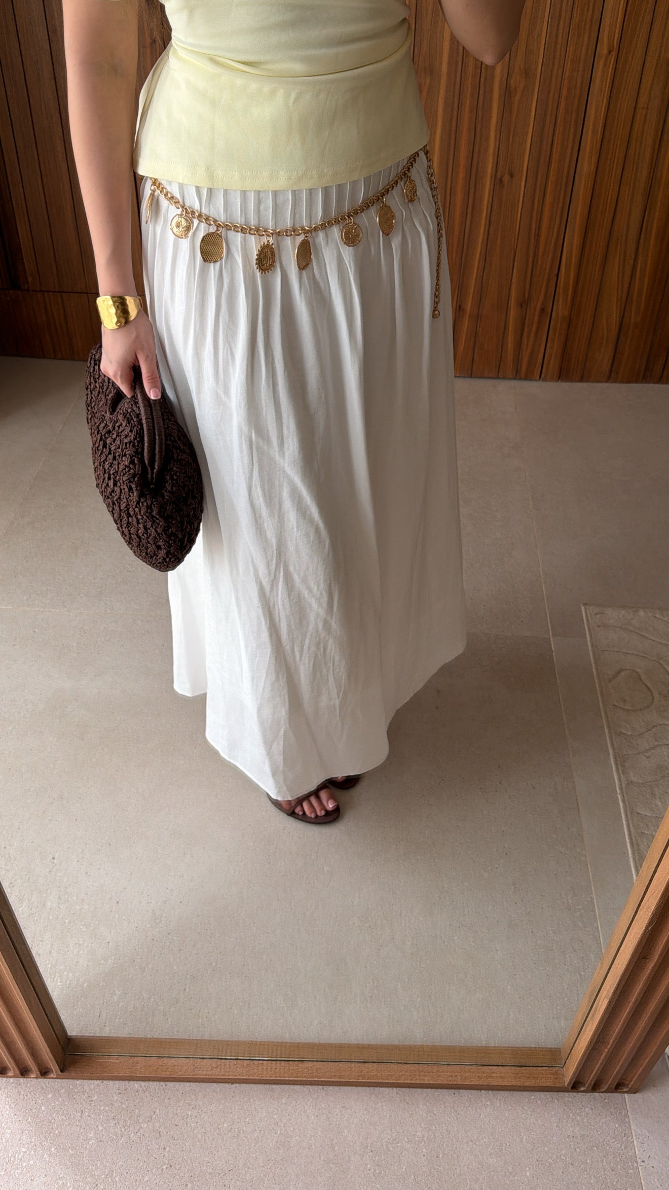 White pleated linen-effect maxi skirt