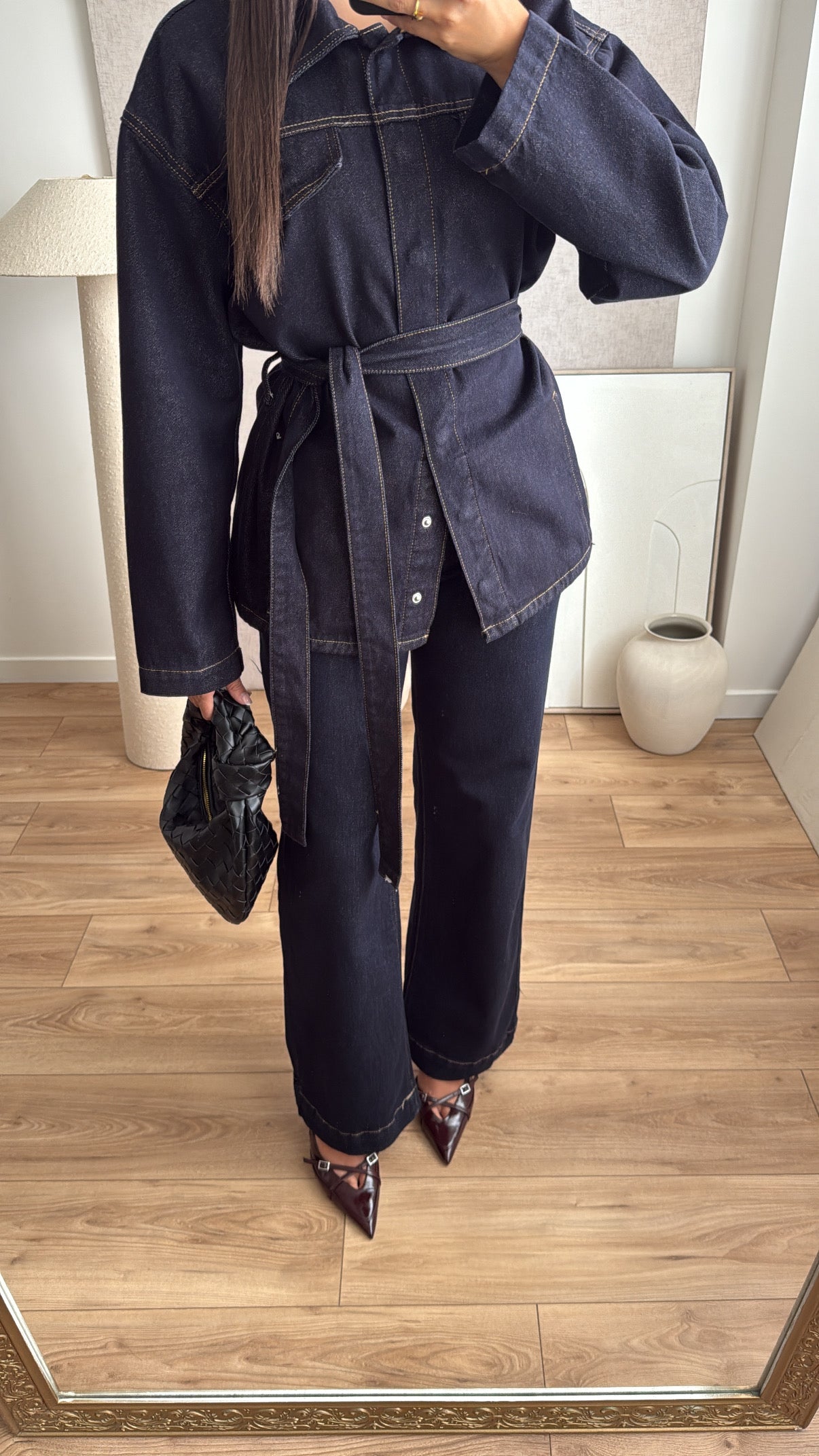dark blue wide-leg jeans