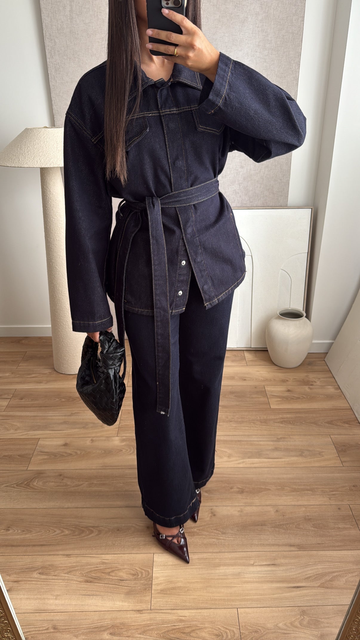 dark blue wide-leg jeans
