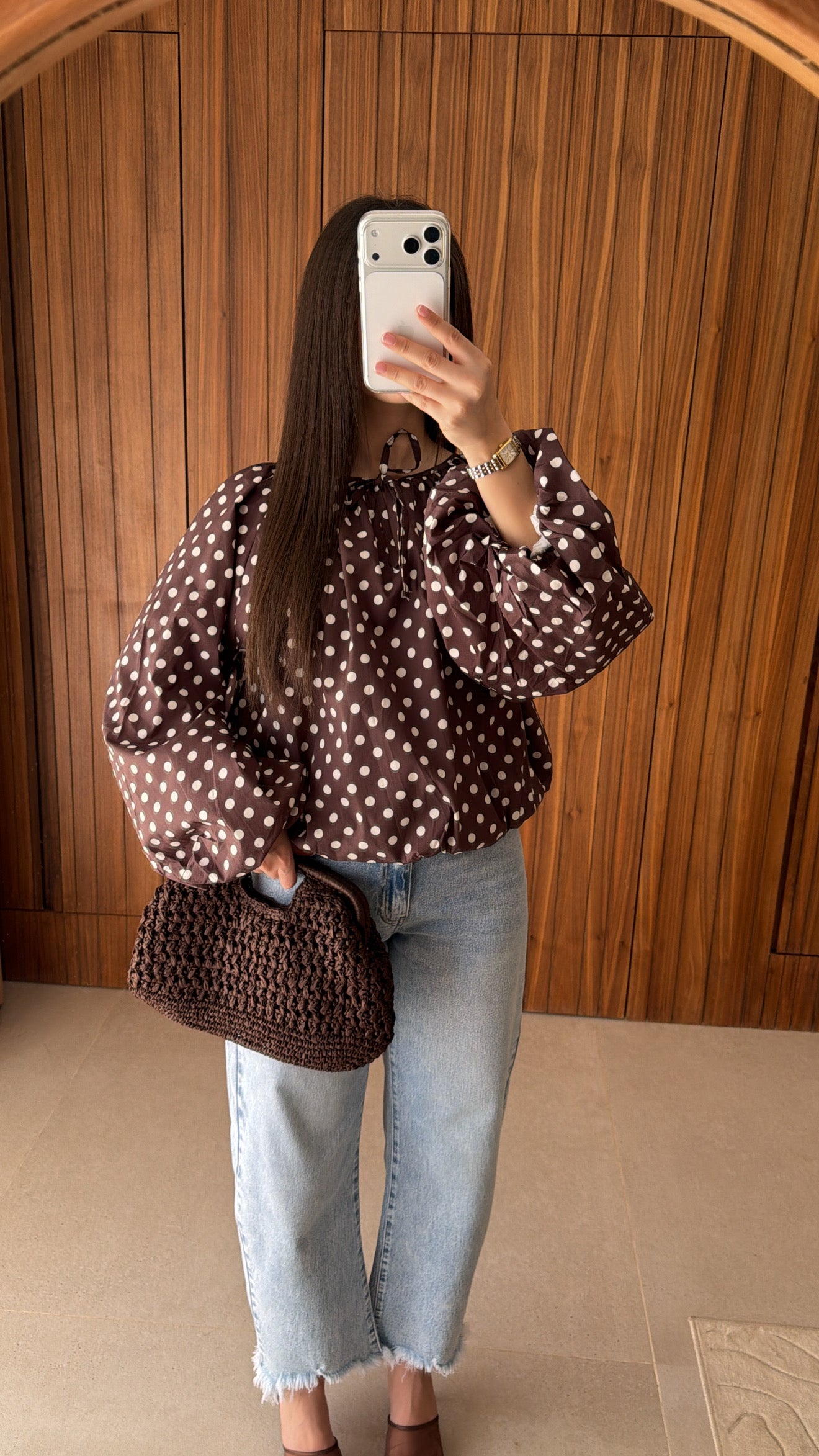 Brown polka dot puff-sleeve blouse