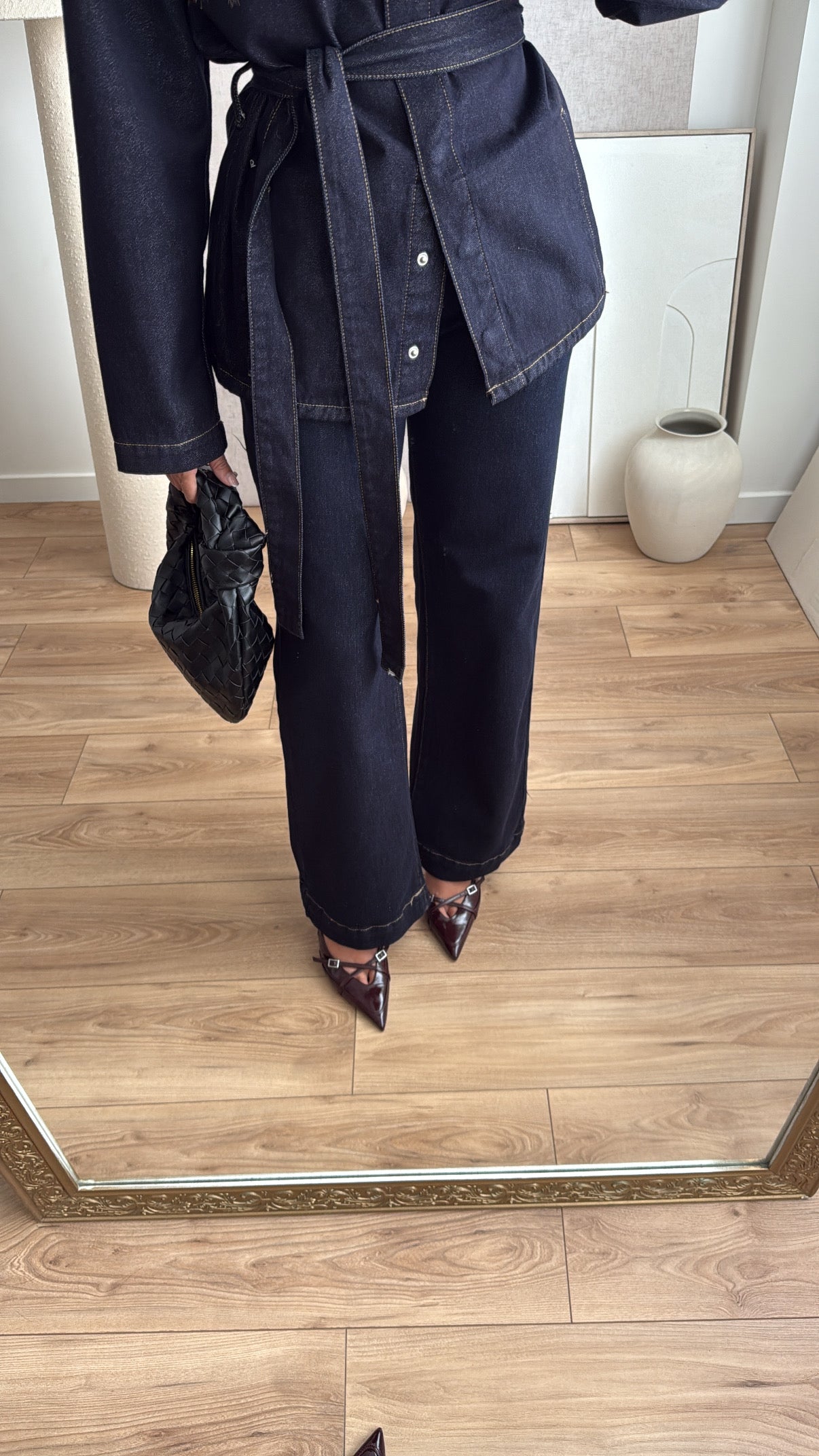 dark blue wide-leg jeans