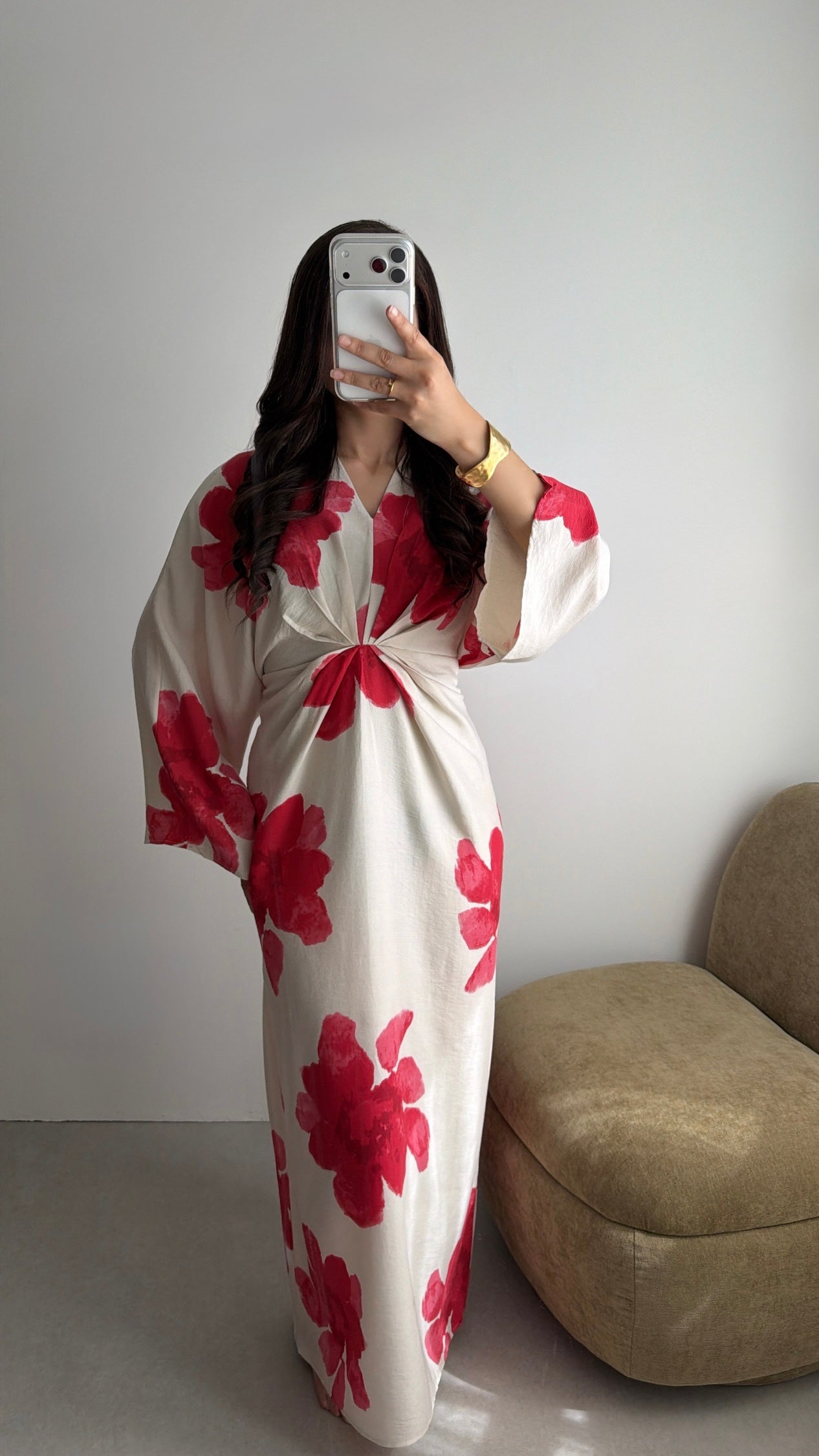 Long cream and rosy-red floral dress