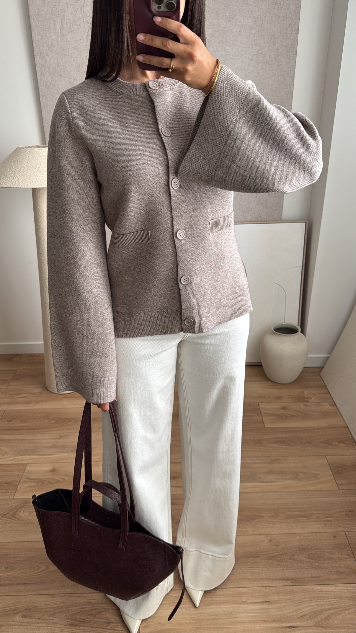Waist-cinching cardigan with flared sleeves and mock neck [MOCK NECK TAUPE