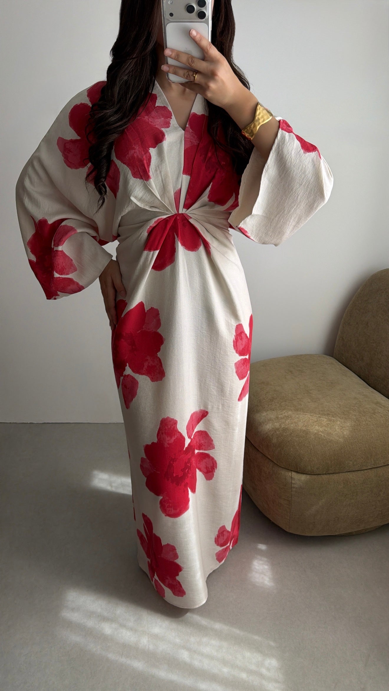 Long cream and rosy-red floral dress