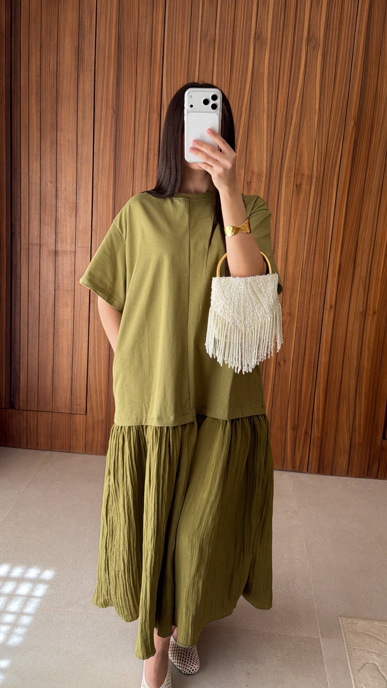 Green two-fabric maxi dress