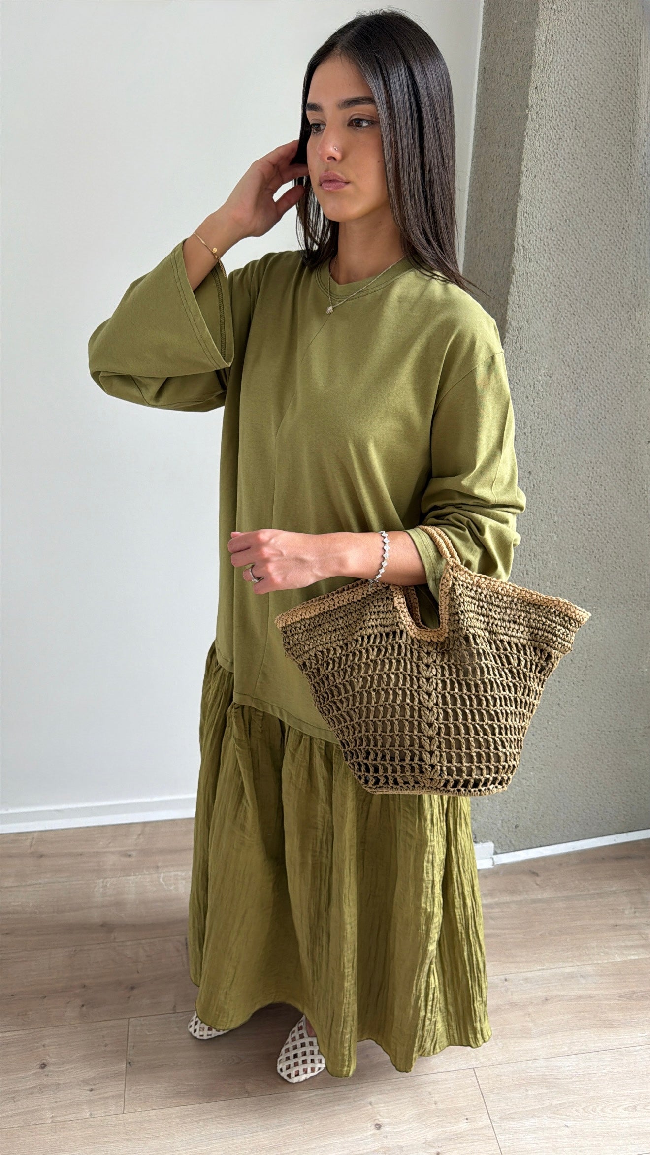 Robe longue bi-matière à manches longues