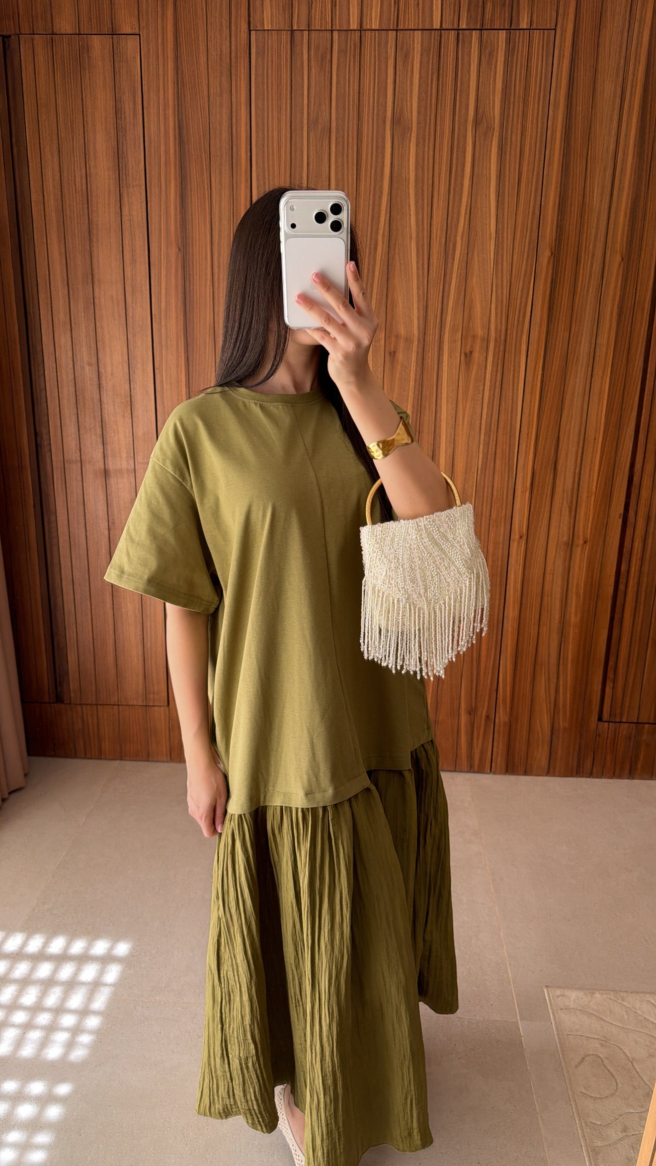 Green two-fabric maxi dress