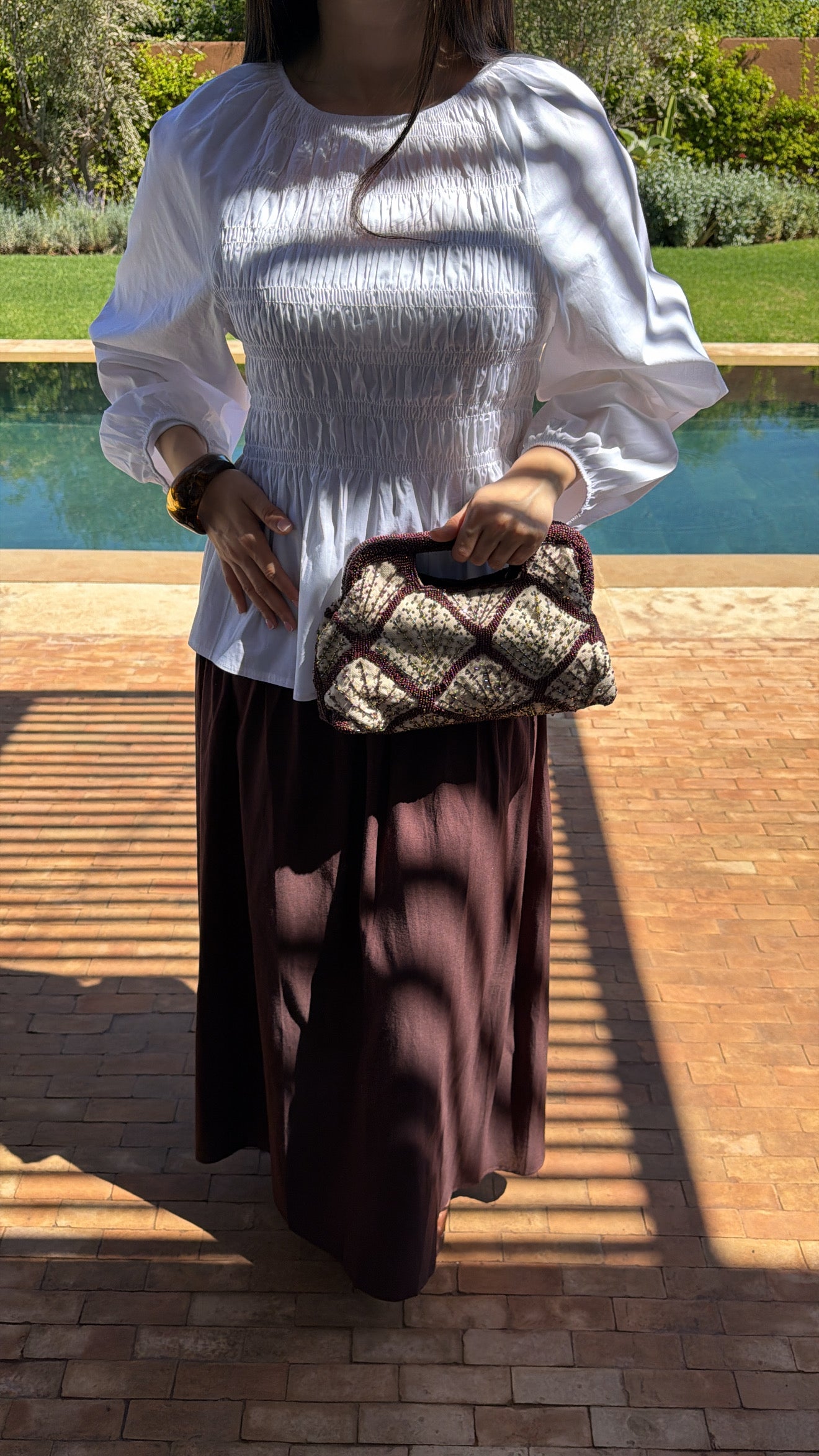 Longue jupe effet lin plissée [prune]