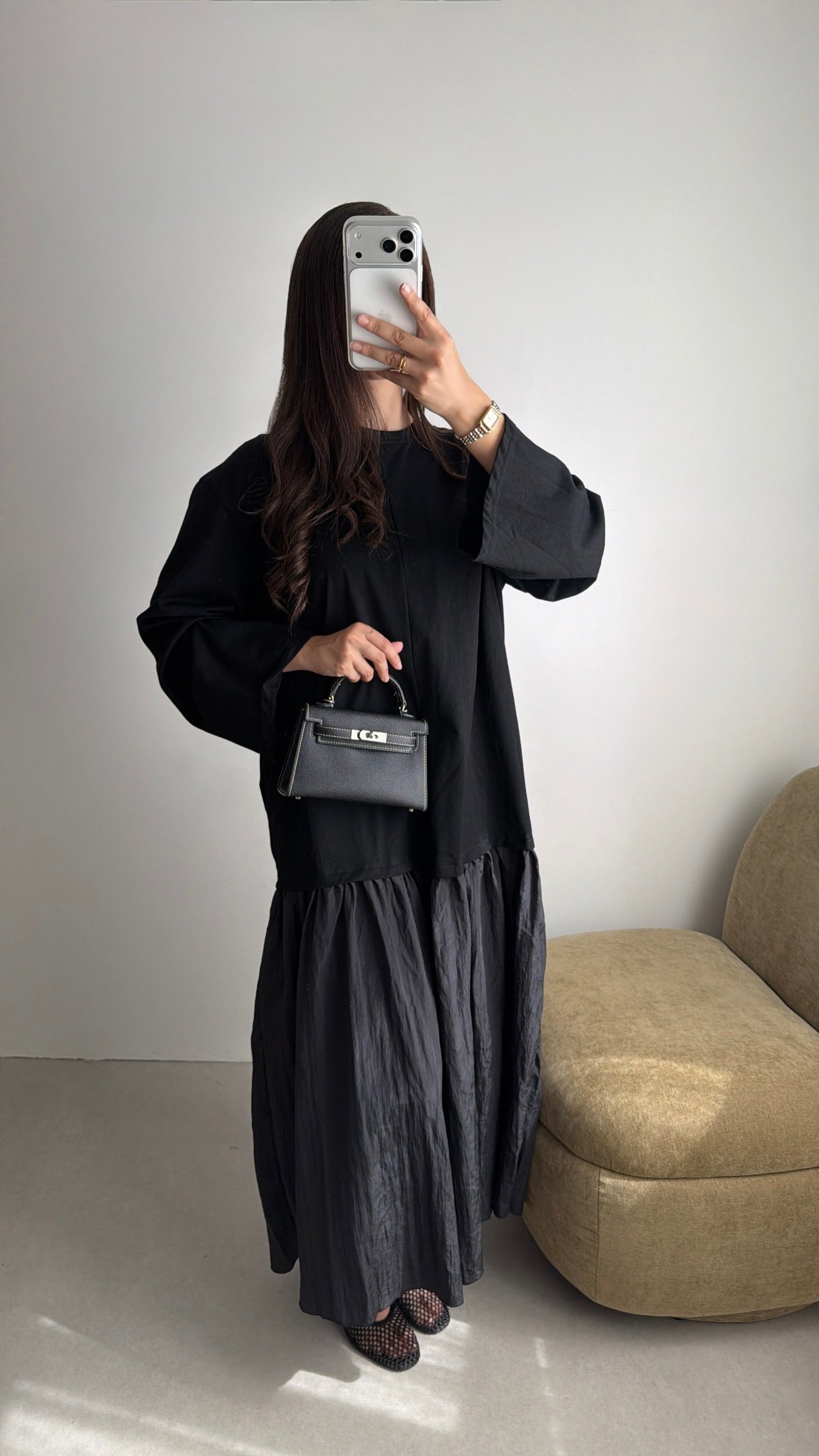 Robe longue bi-matière à manches longues [noir]