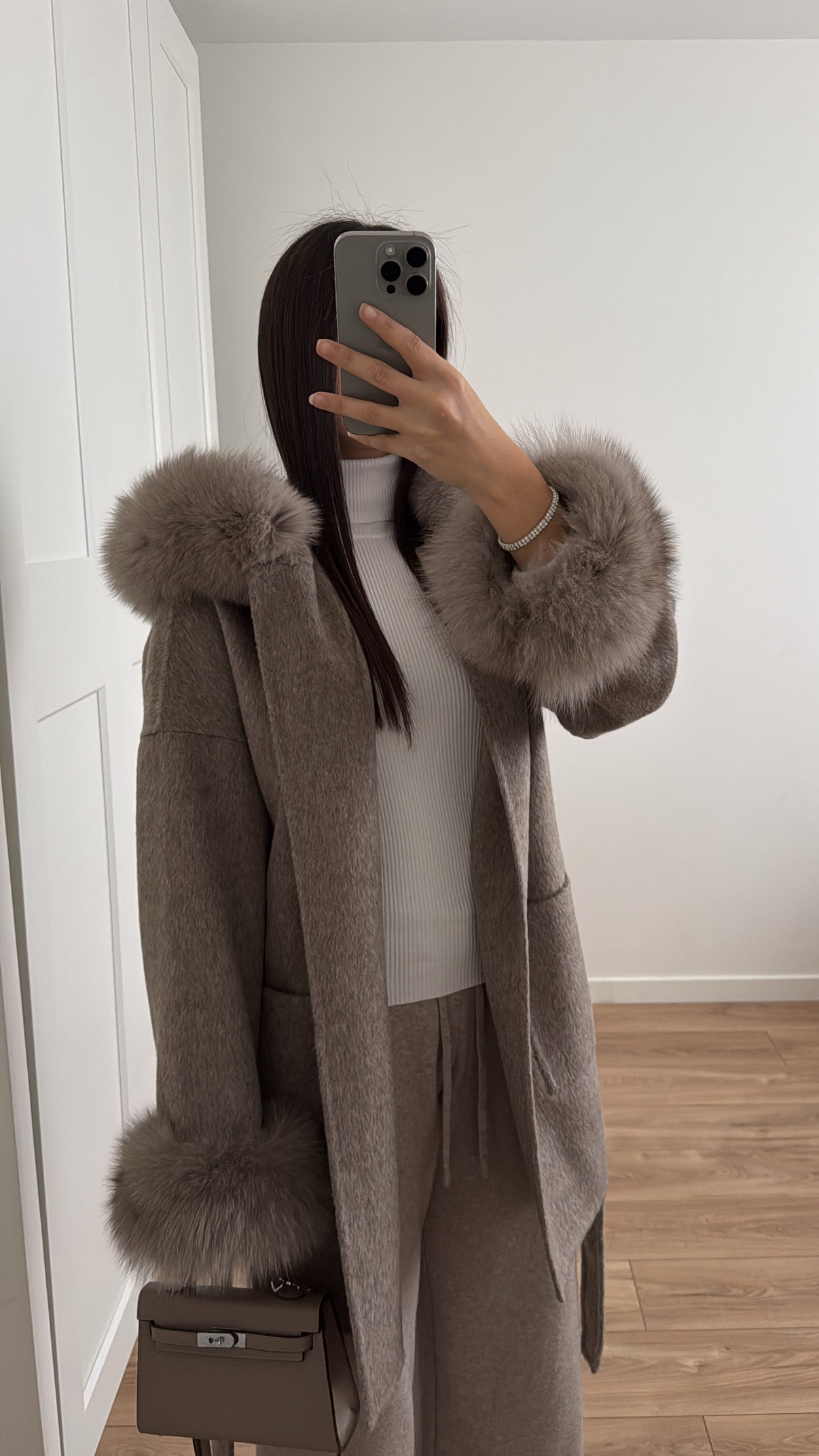 Manteau en laine et fourrure de renard [ taupe ]