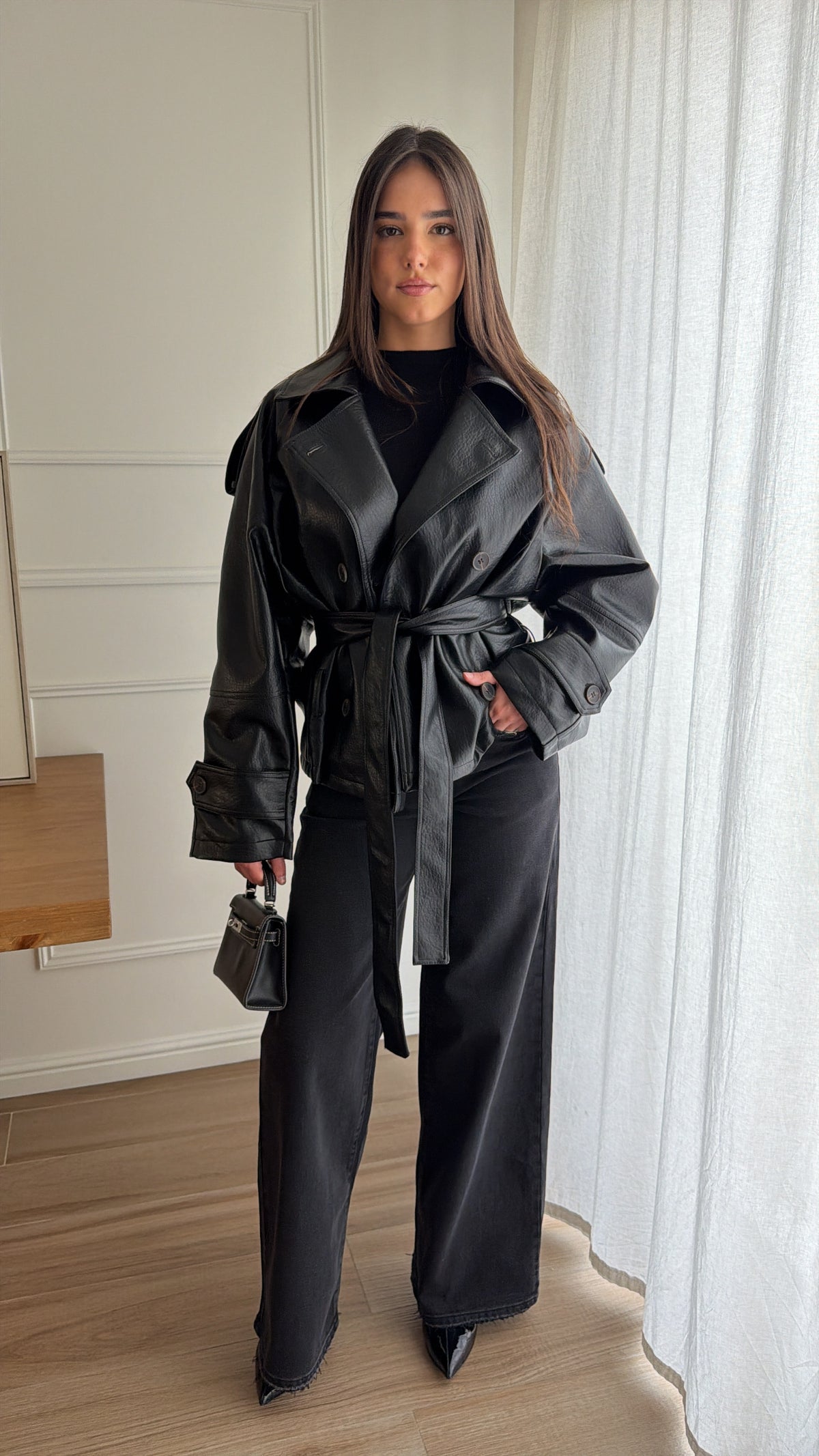 Trench loose en simili cuir [noir]