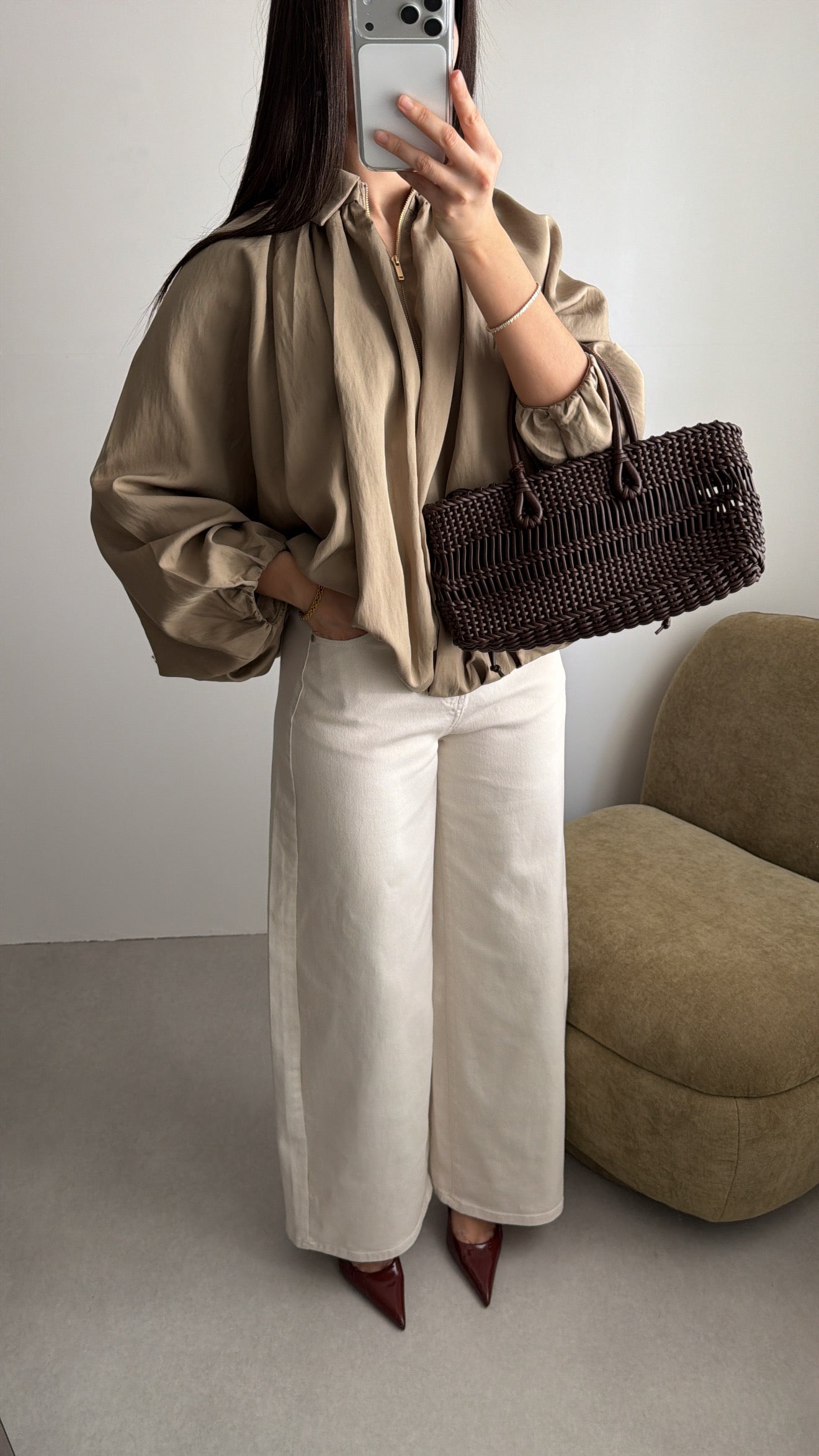 Veste fluide à plis [kaki clair]