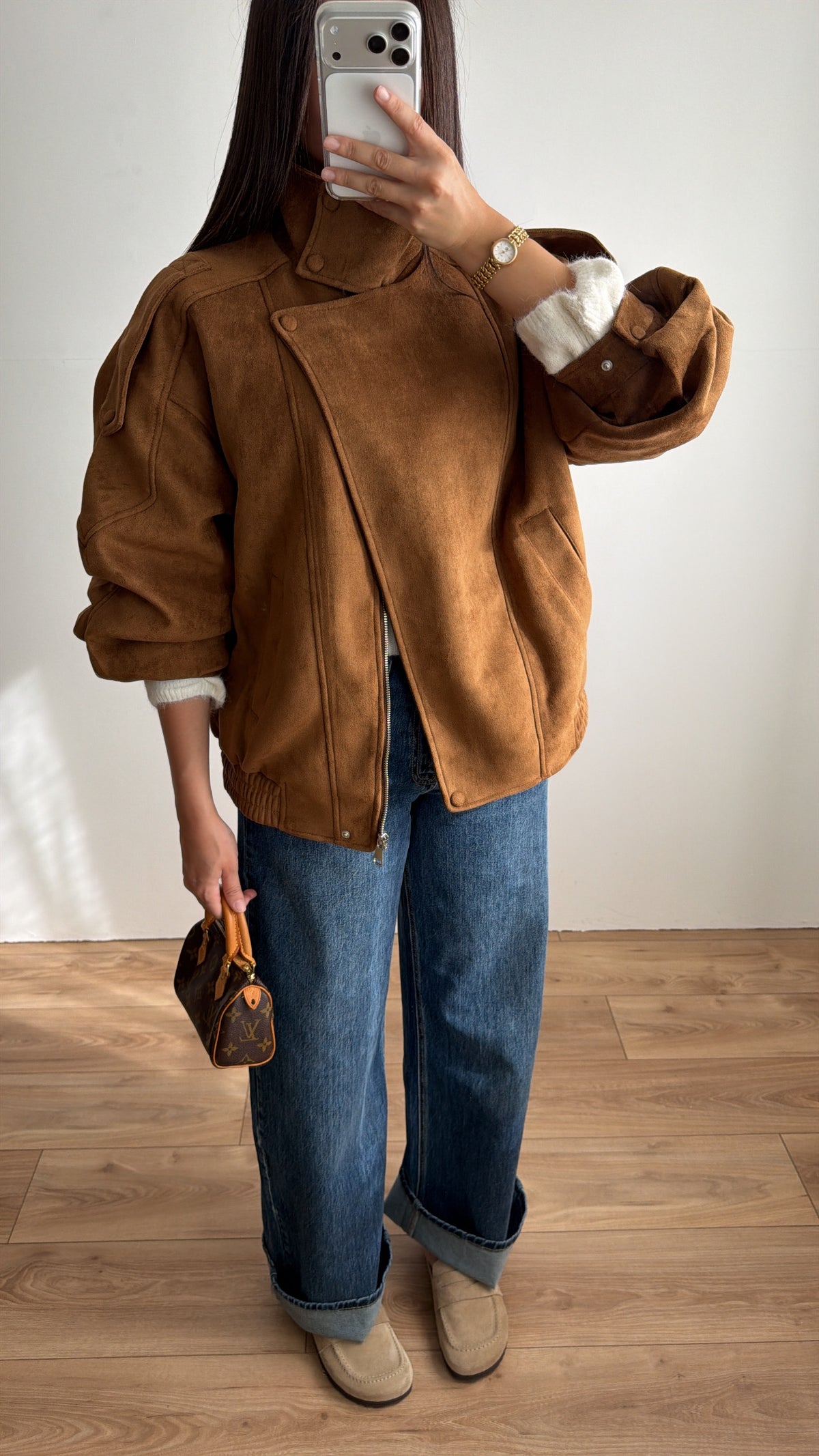 Veste loose à col montant [effet suédine camel]