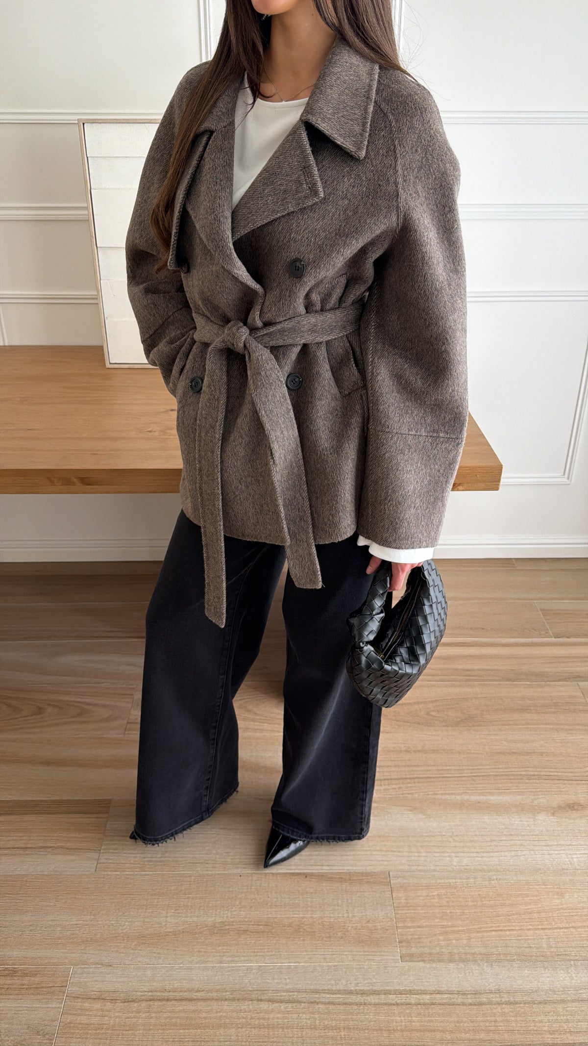 Manteau croisé en laine avec ceinture [taupe]