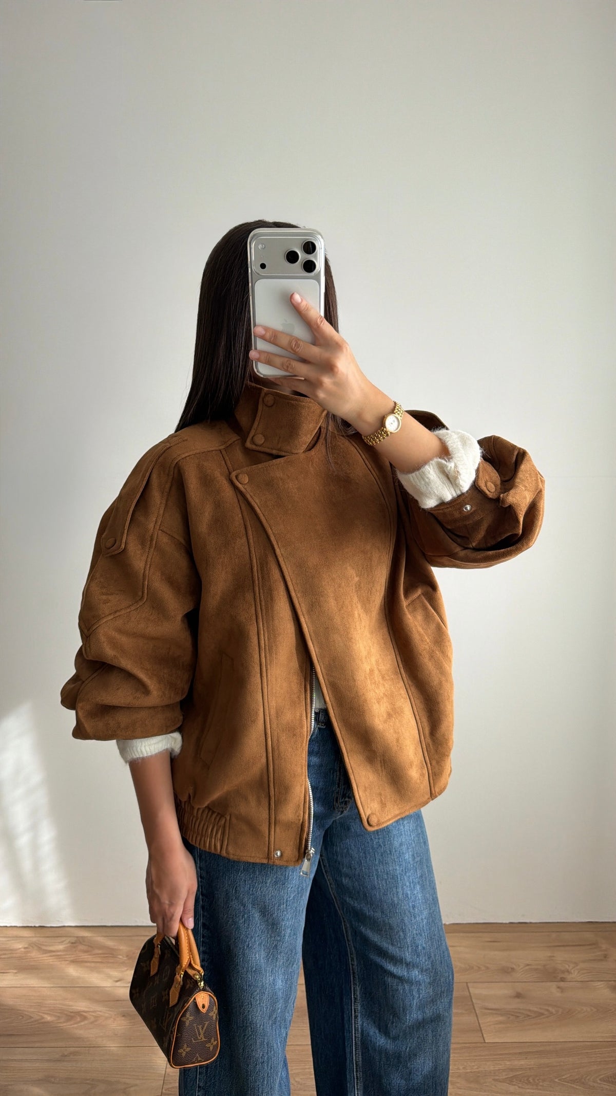 Veste loose à col montant [effet suédine camel]