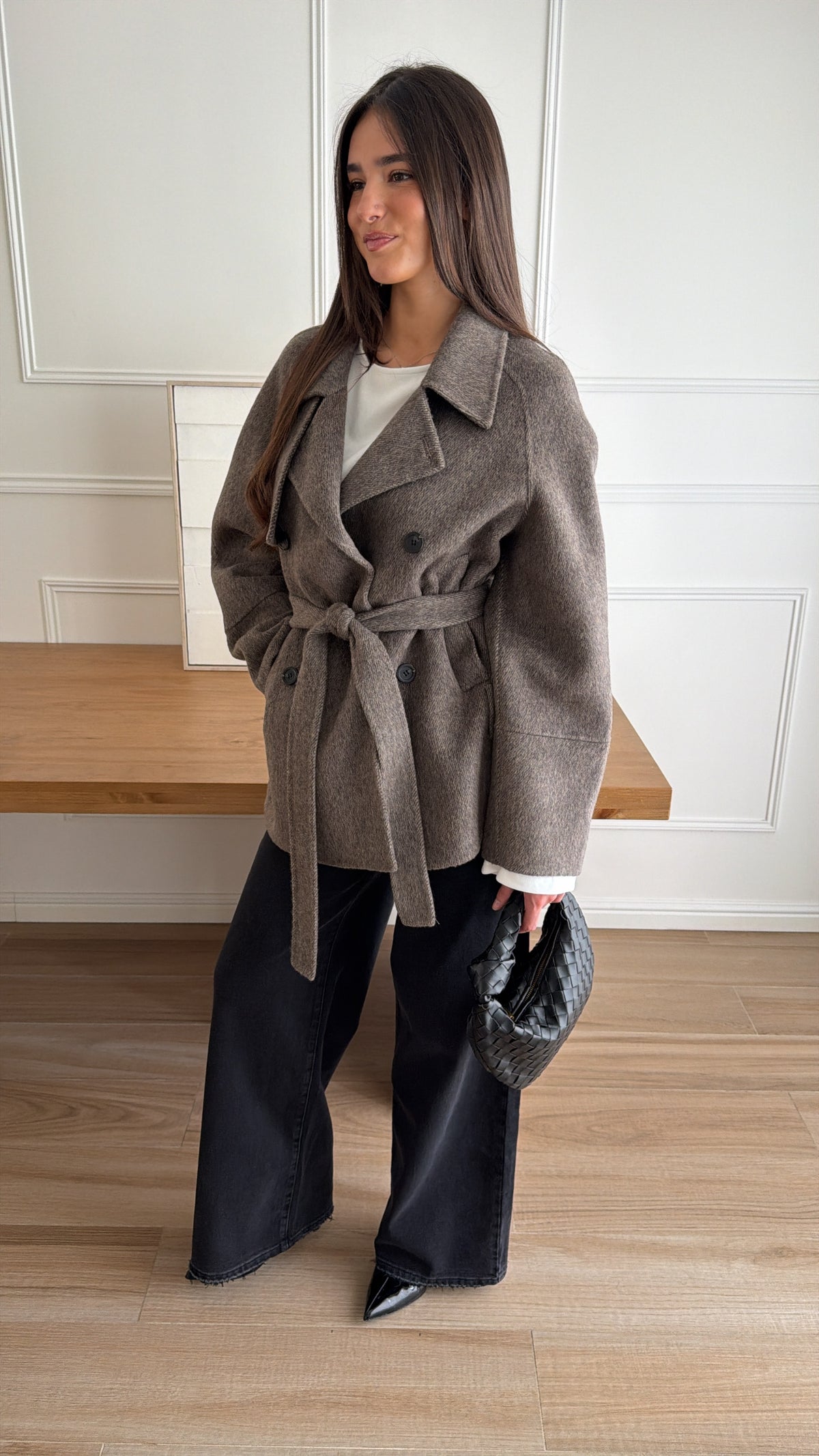 Manteau croisé en laine avec ceinture [taupe]