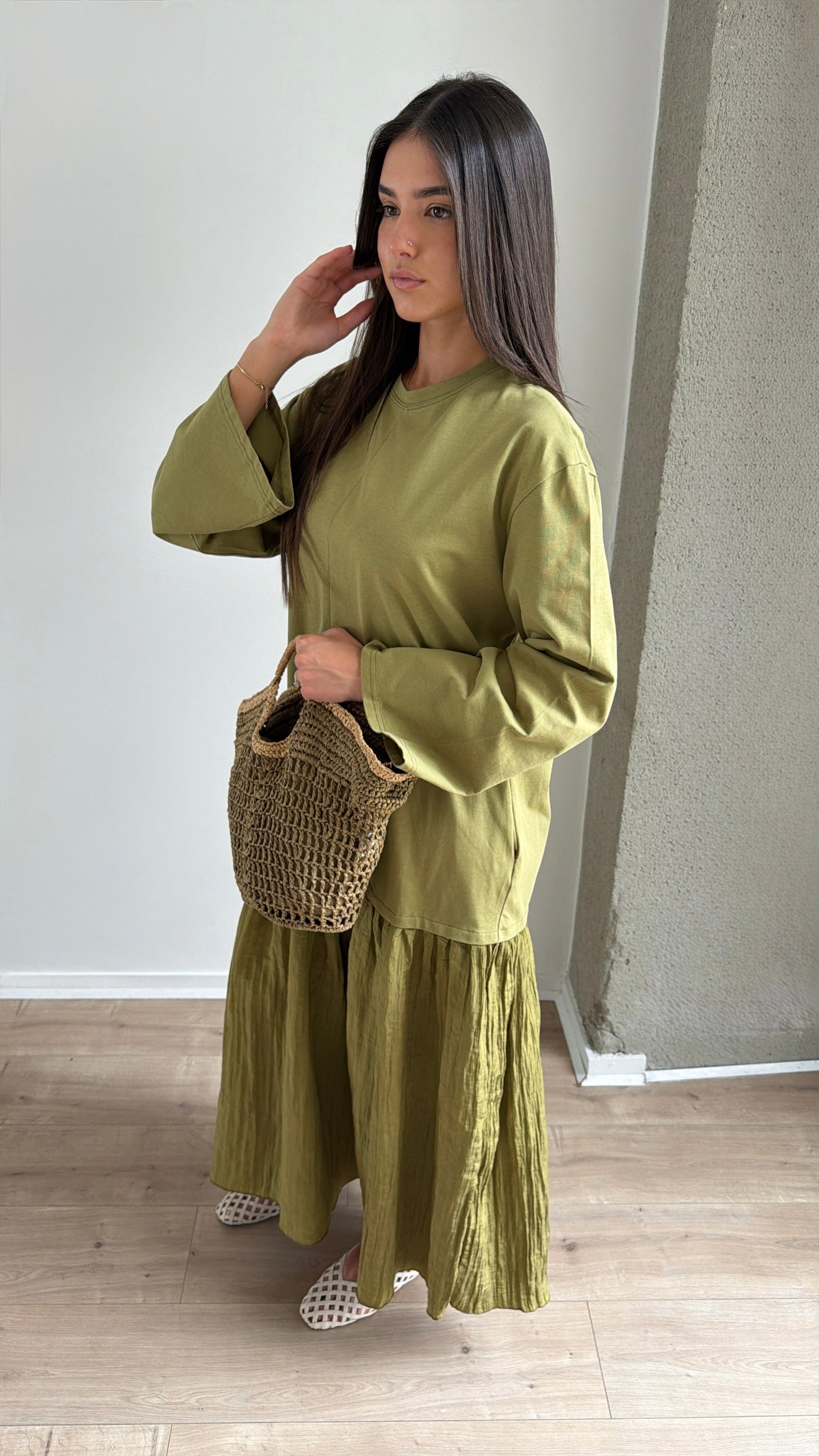 Robe longue bi-matière à manches longues
