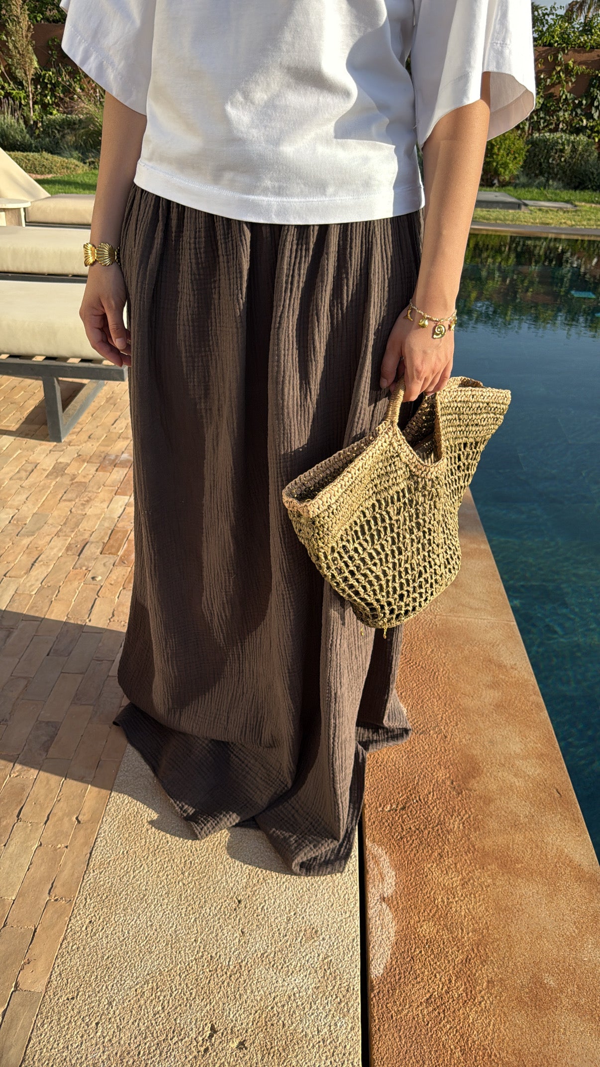 Longue jupe en gaze de coton [ marron ]