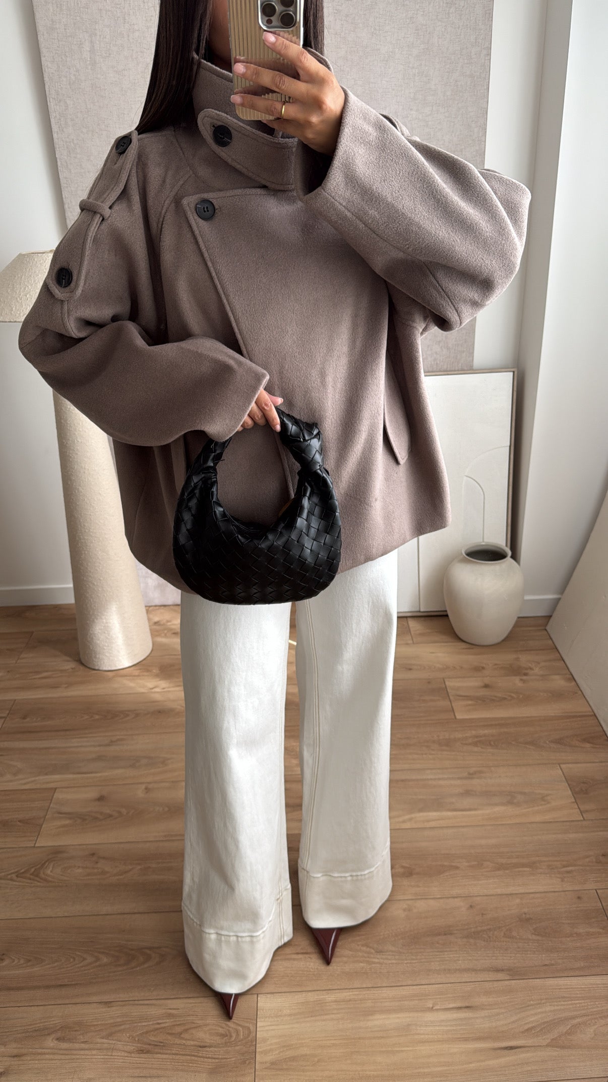 Manteau court boutonné à col montant [taupe]