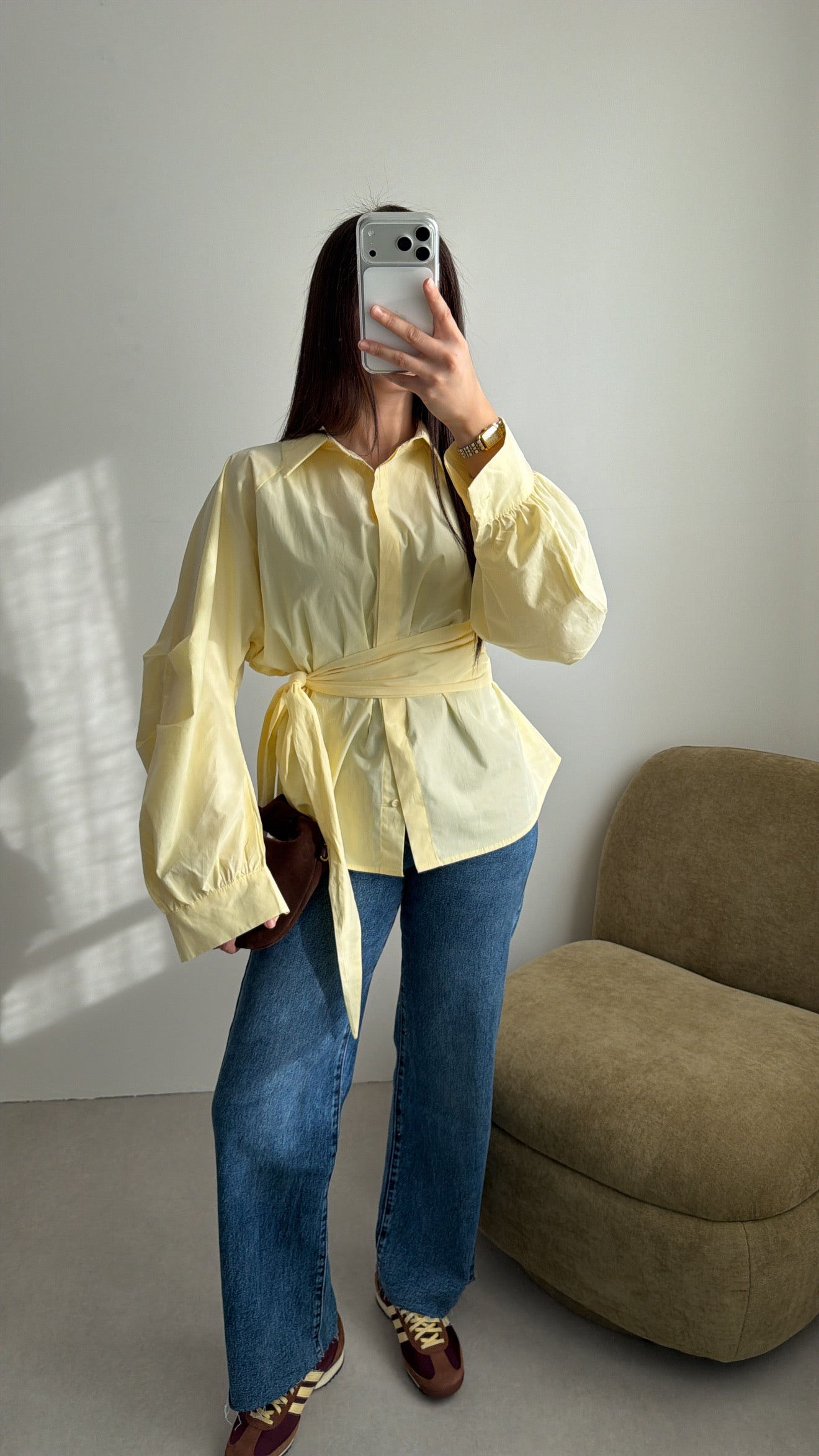 Chemise cache-cœur à manches ballon [jaune]