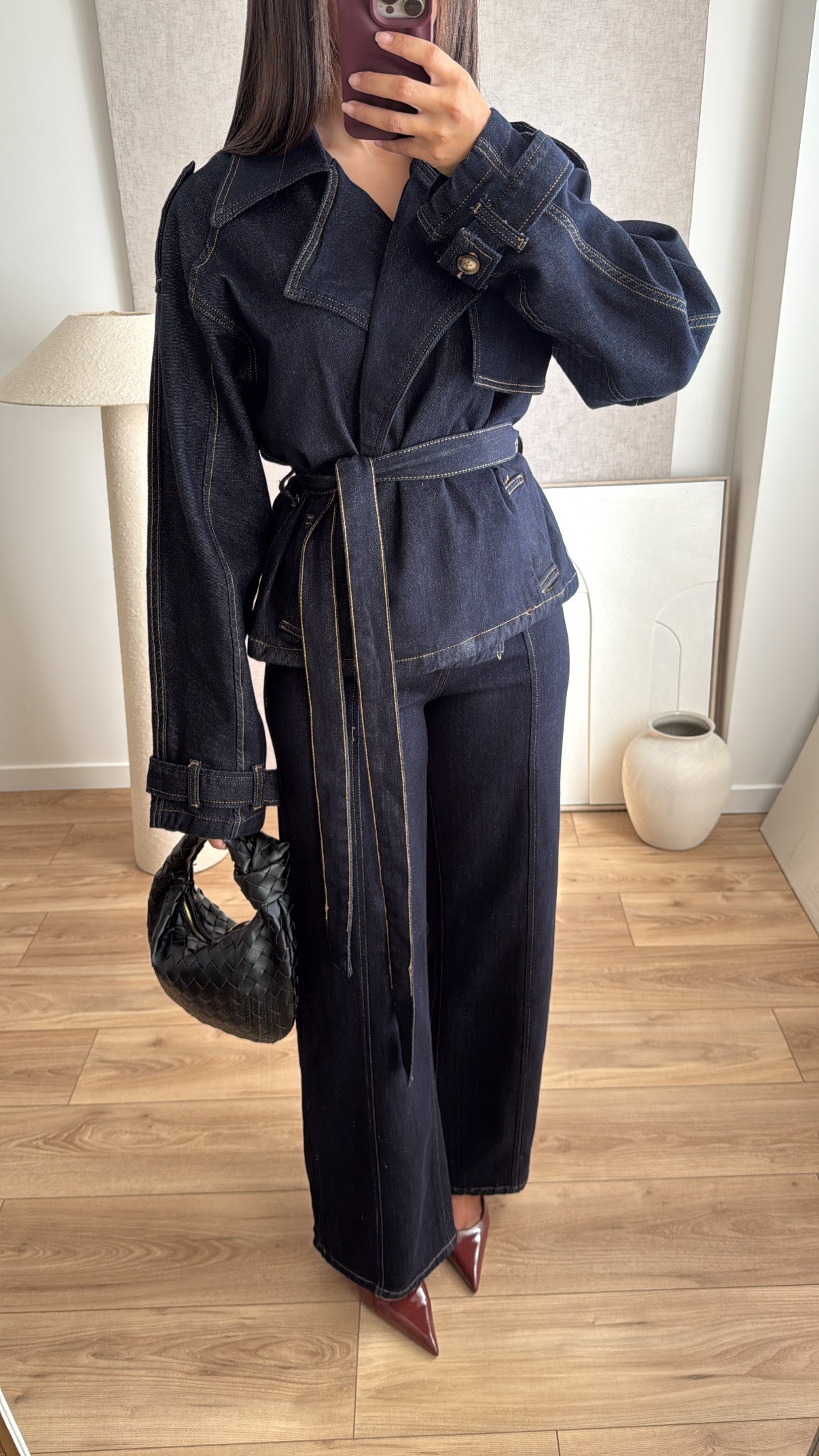 Short denim trench coat [dark blue]