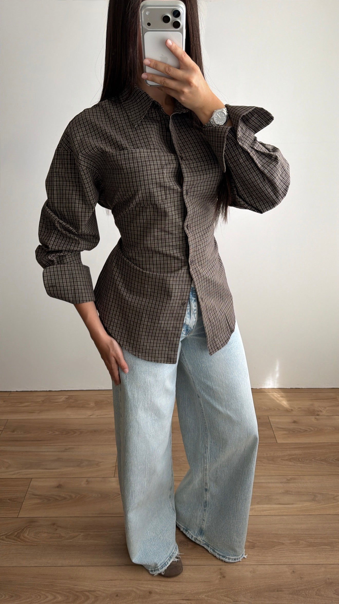 Chemise cintrée à carreaux [marron]