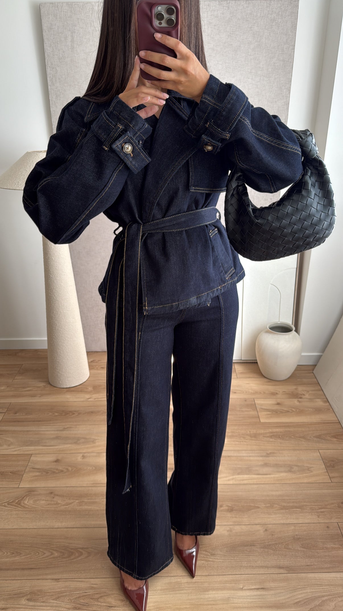 Short denim trench coat [dark blue]