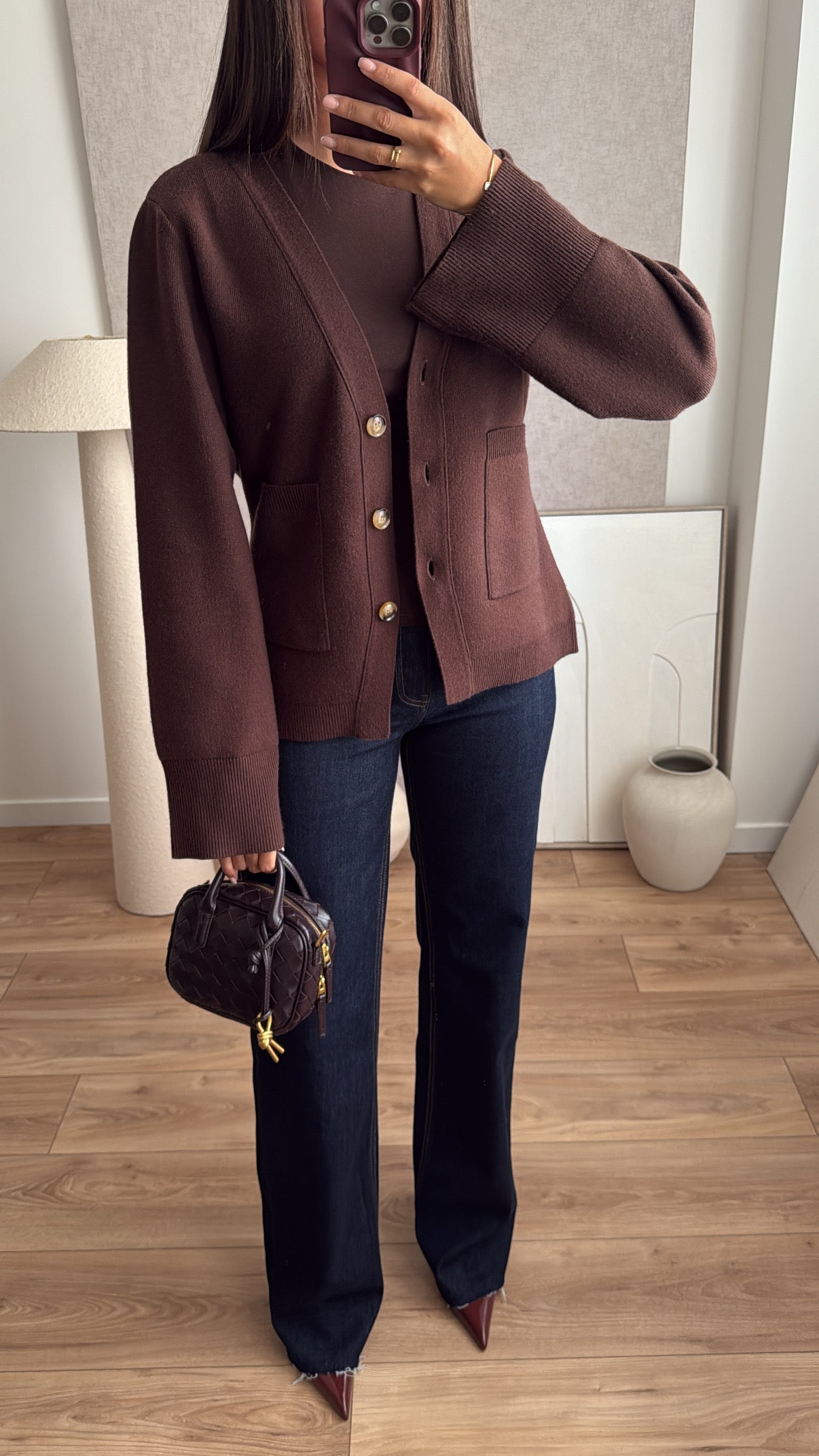 Cardigan cintré à la taille, avec manches évasées [COL V/ marron]