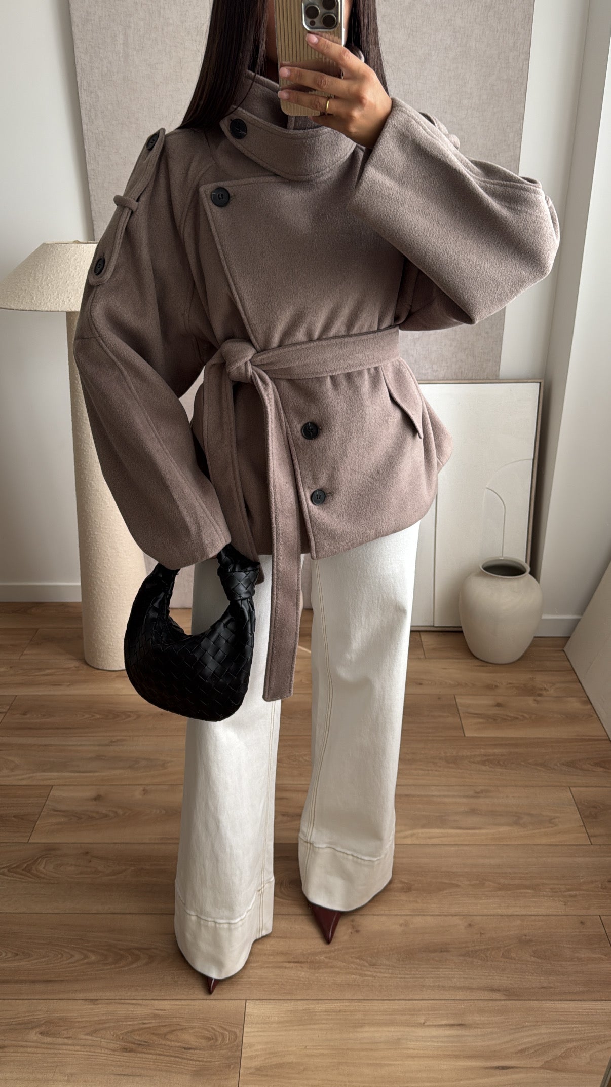 Manteau court boutonné à col montant [taupe]