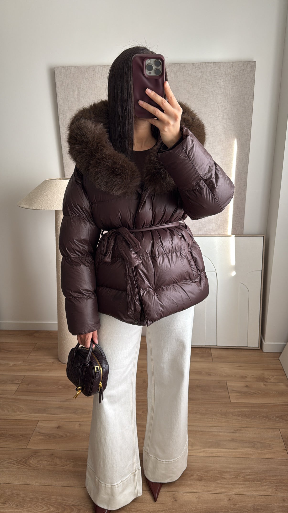 Doudoune avec ceinture et fausse fourrure [ marron ]