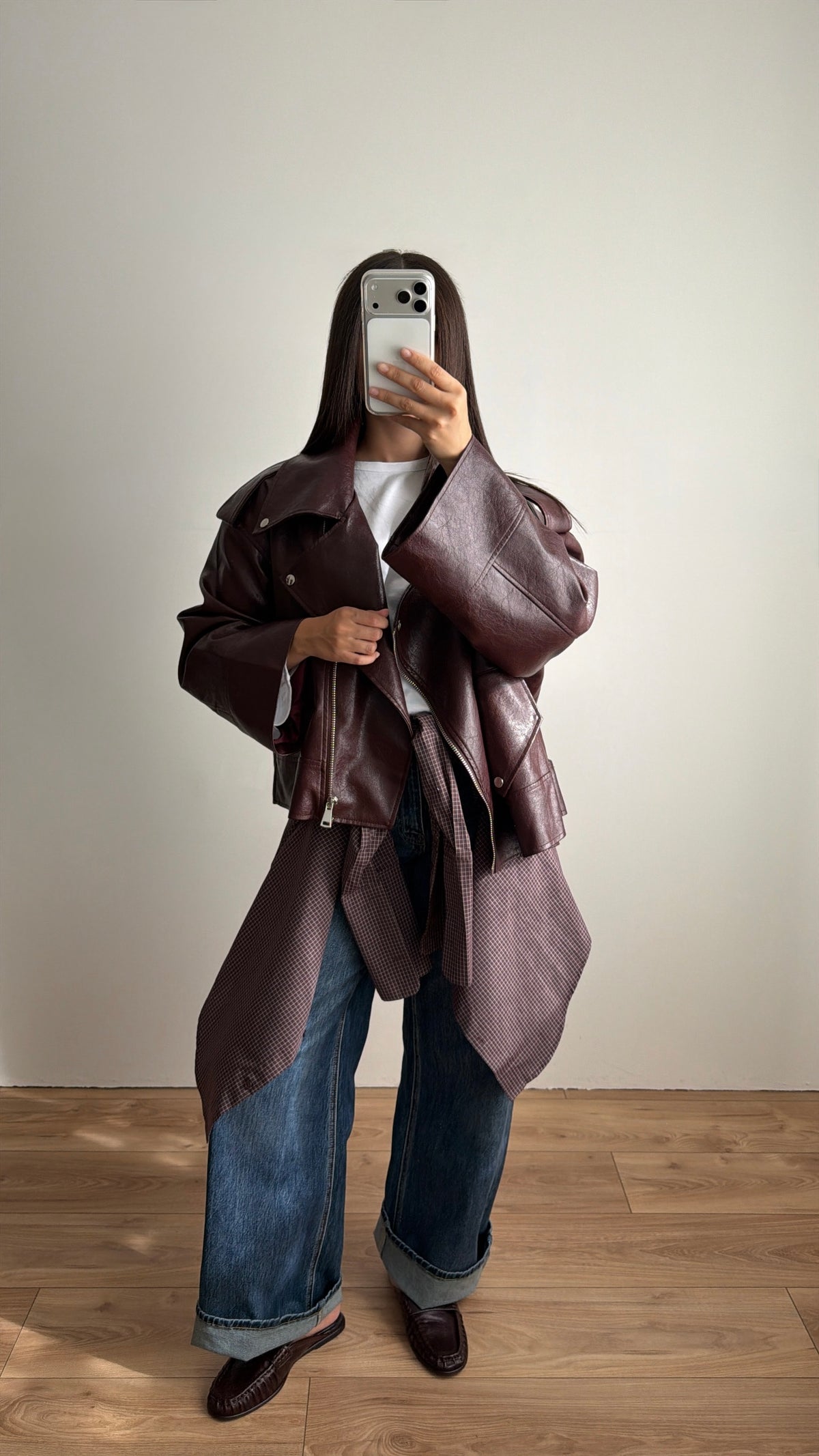 Veste en simili cuir oversize [BURGUNDY]