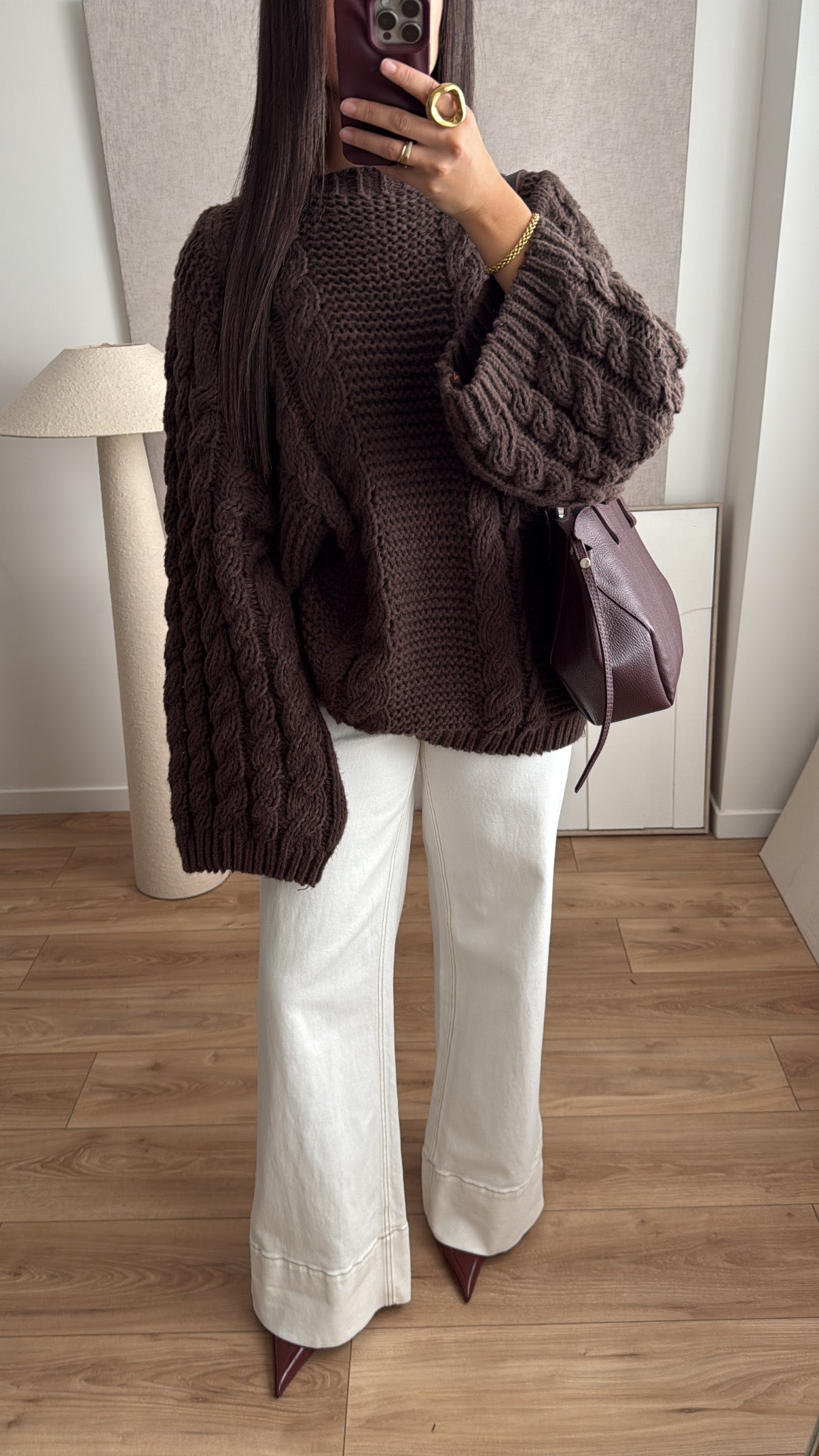 Pull torsadé à manche ample [marron]