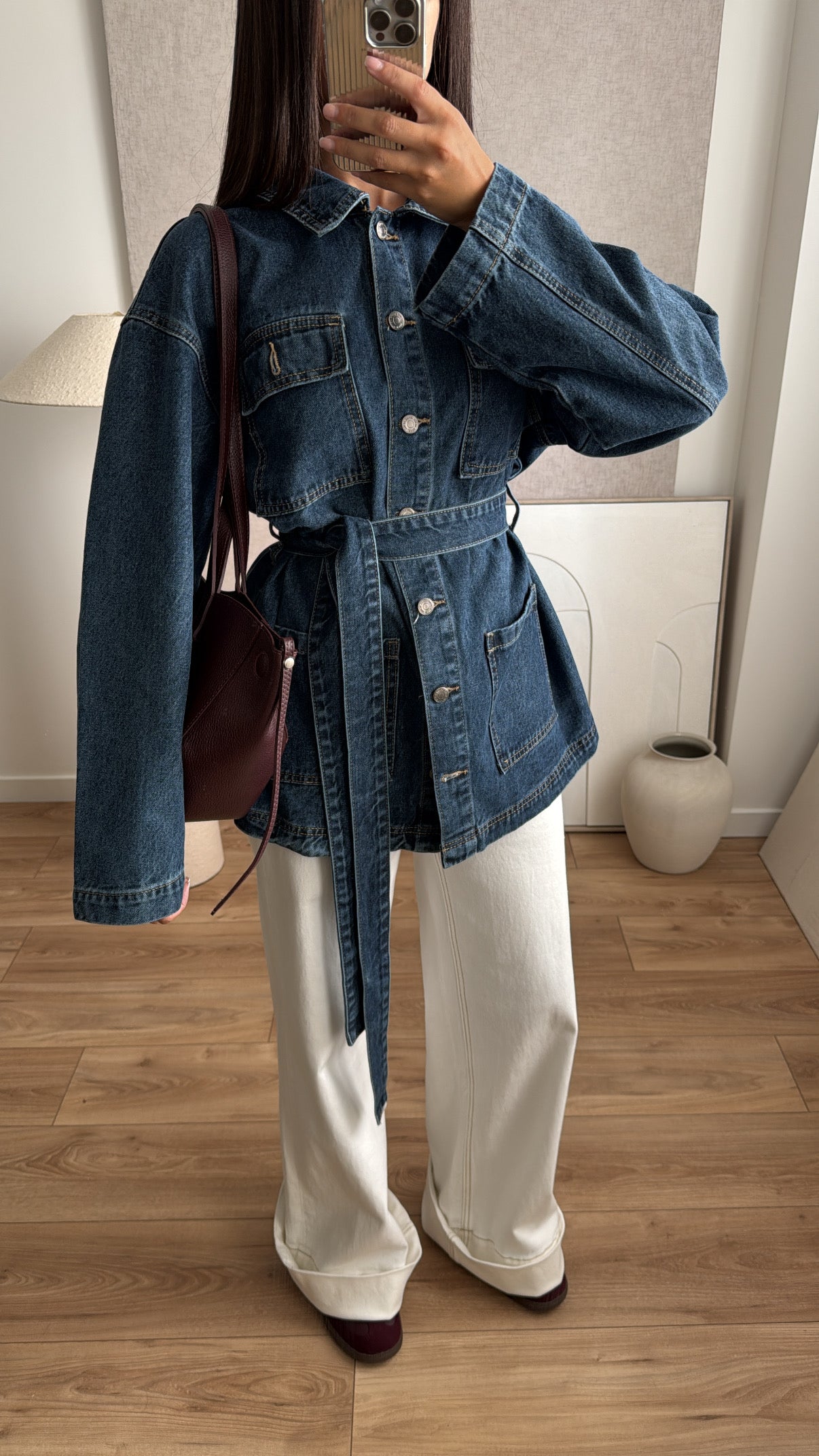 Loose denim jacket with belt [denim blue]