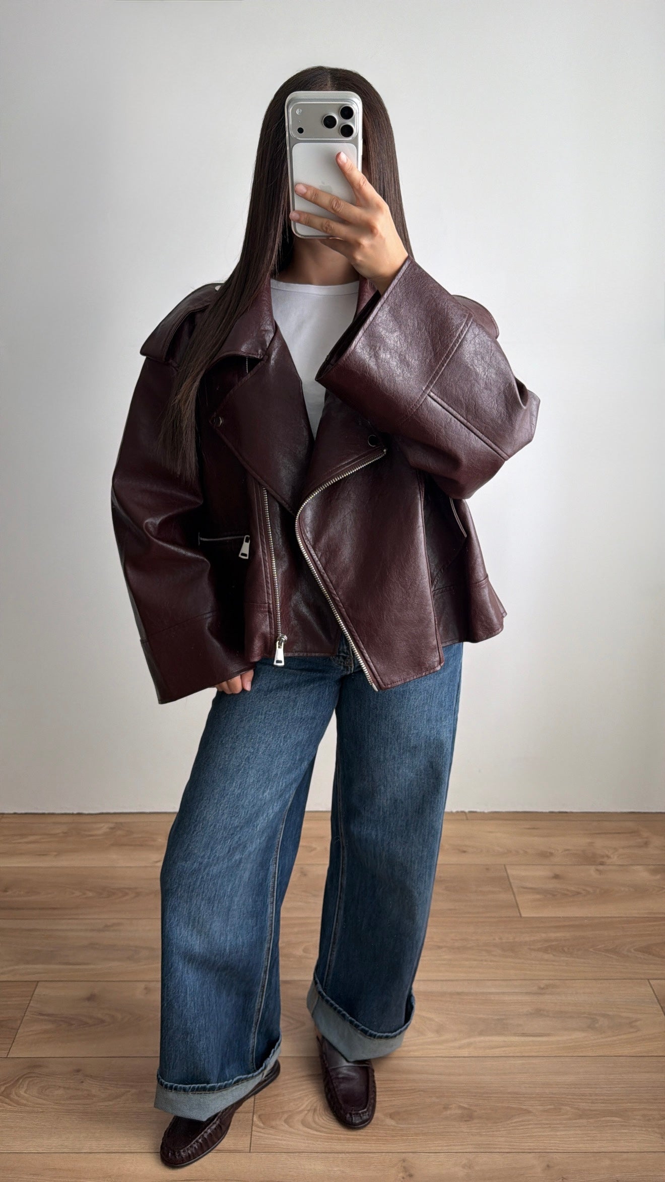 Veste en simili cuir oversize [BURGUNDY]
