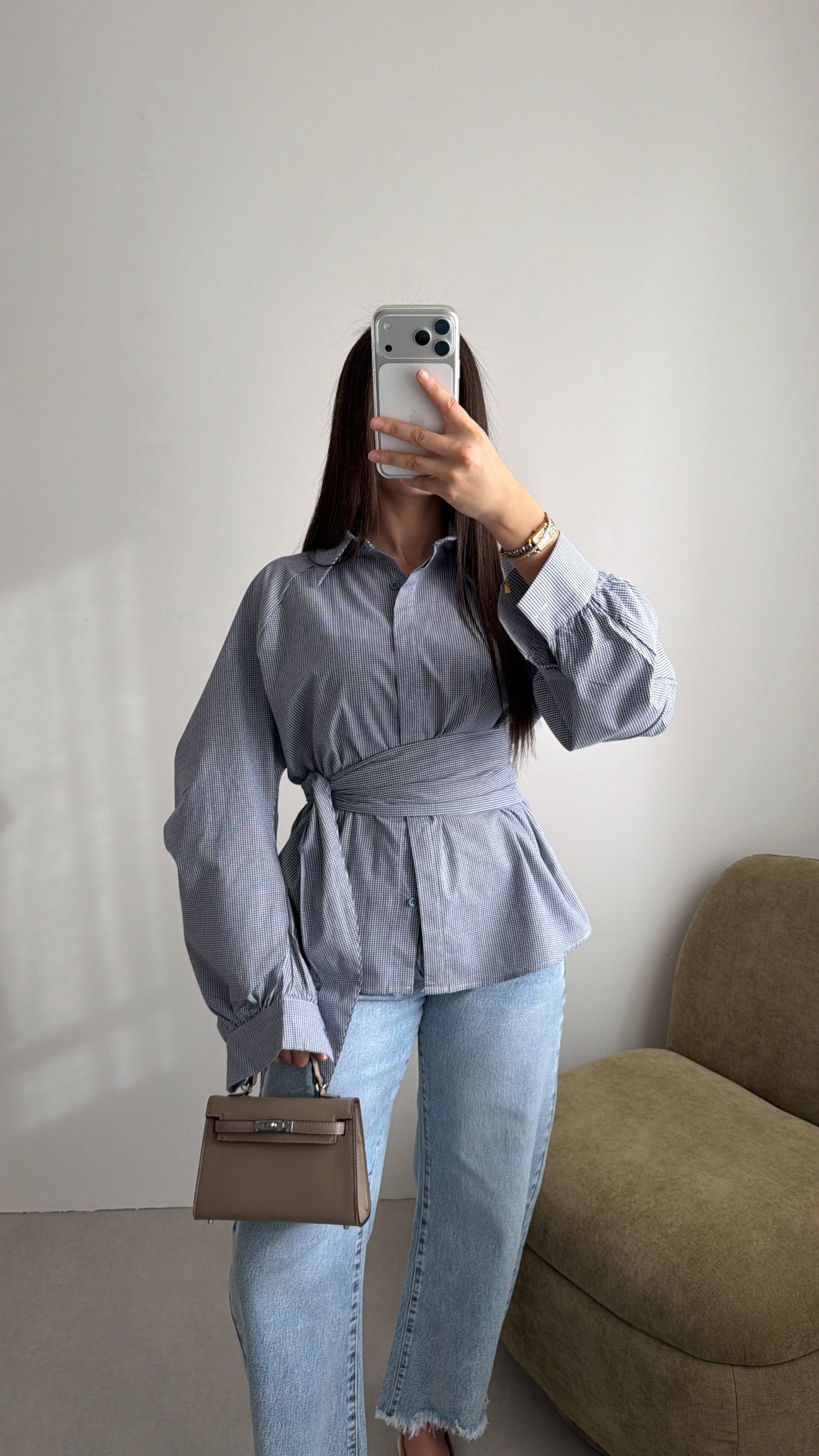 Chemise cache-cœur à manches ballon [vichy]