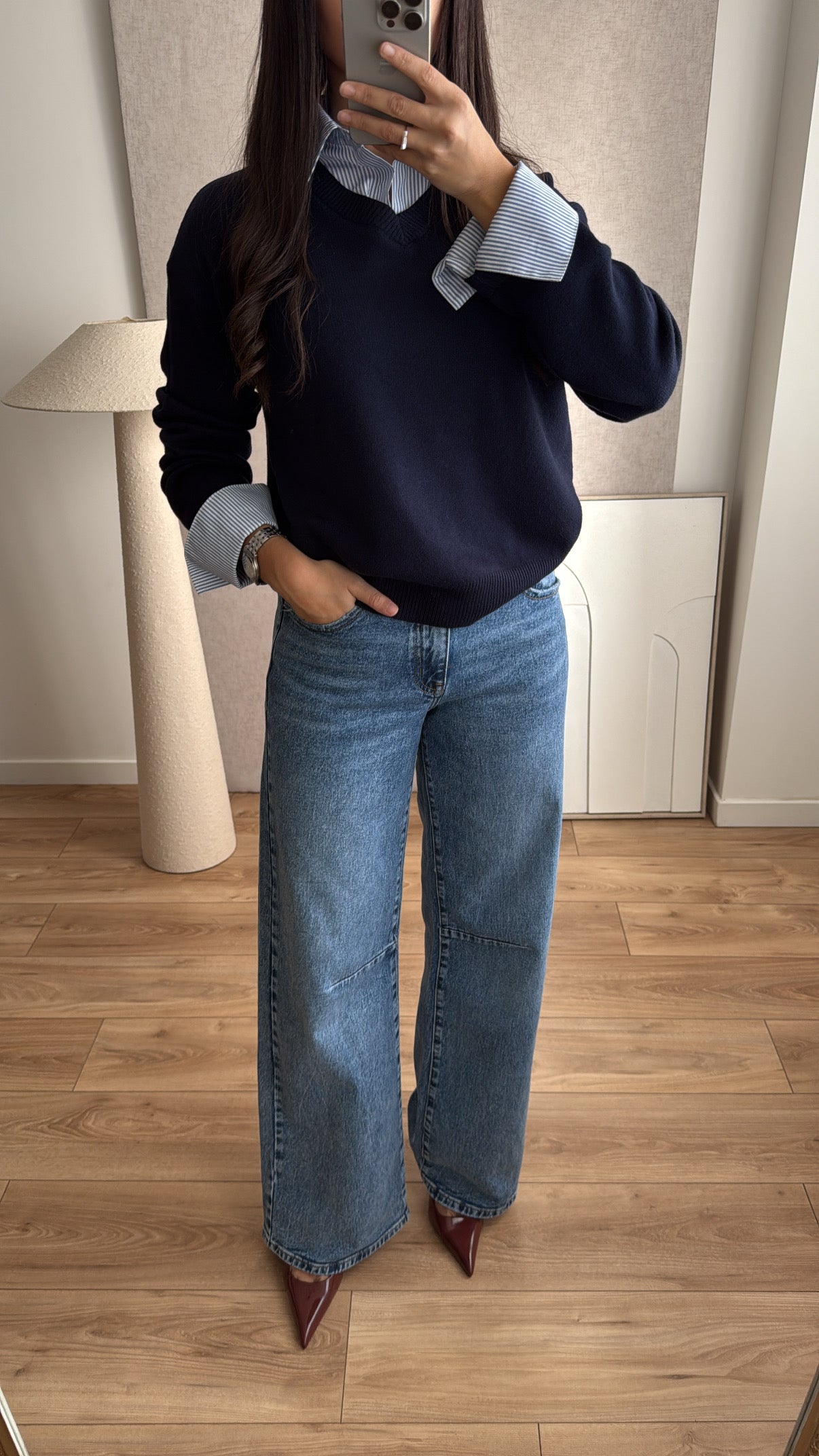 Pull chemise casual [bleu marine]