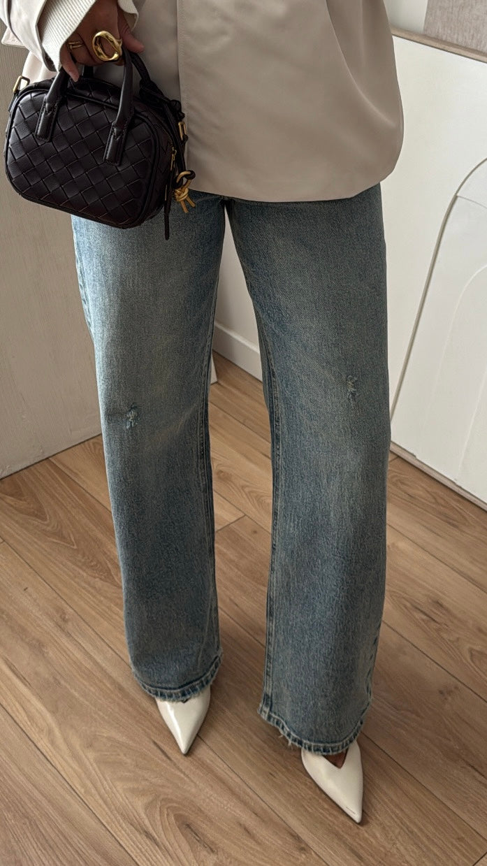 Jean wide leg effet déchiré [bleu délavé]