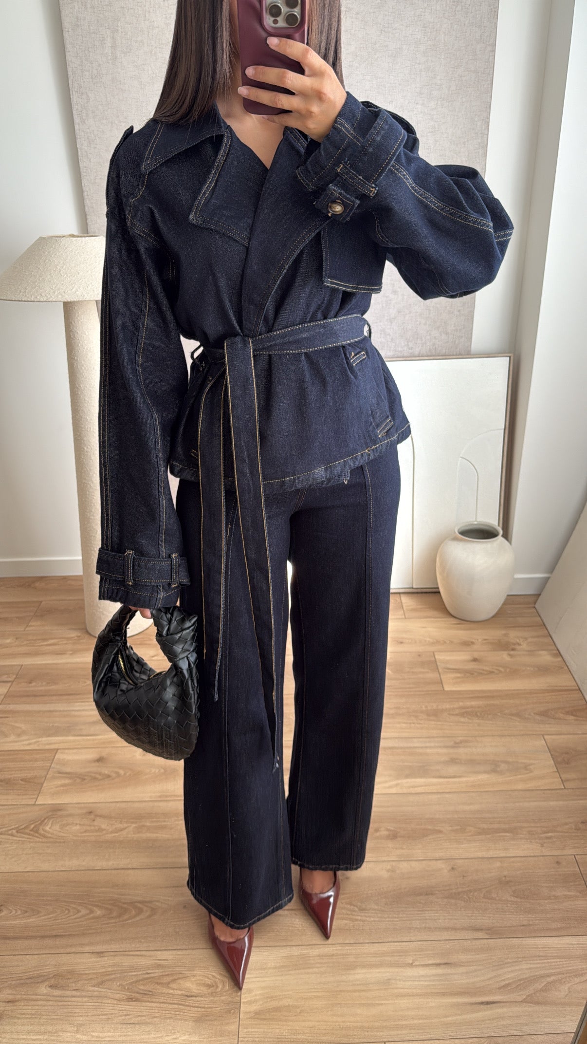 Short denim trench coat [dark blue]