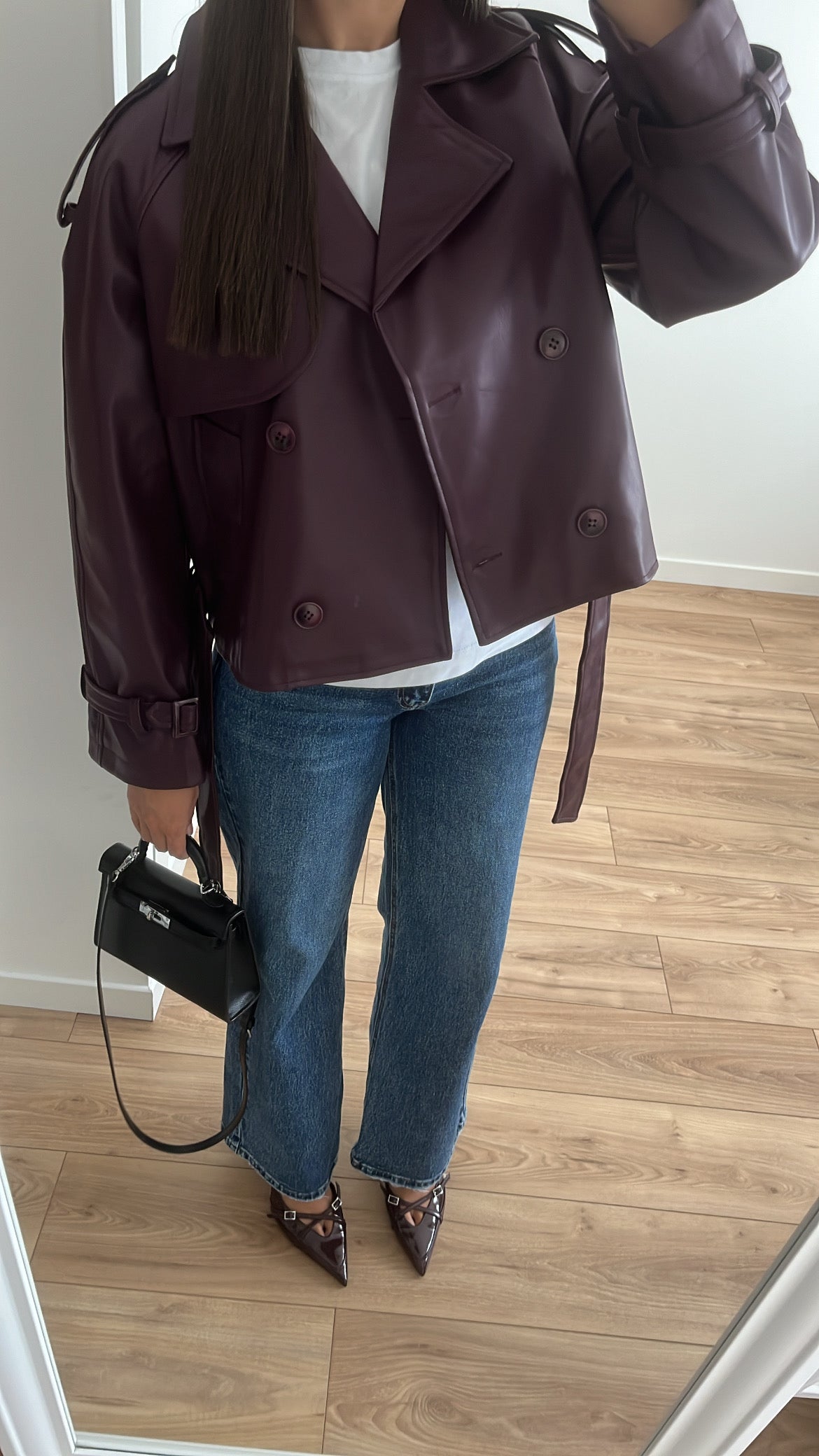 Trench court en simili cuir [ prune / bordeaux ]