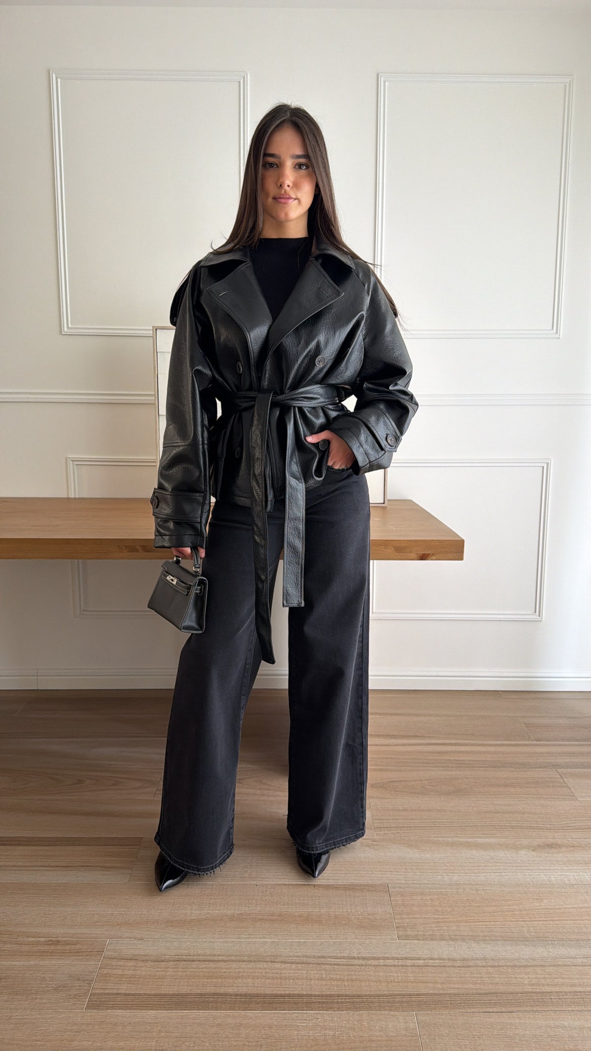 Trench loose en simili cuir [noir]