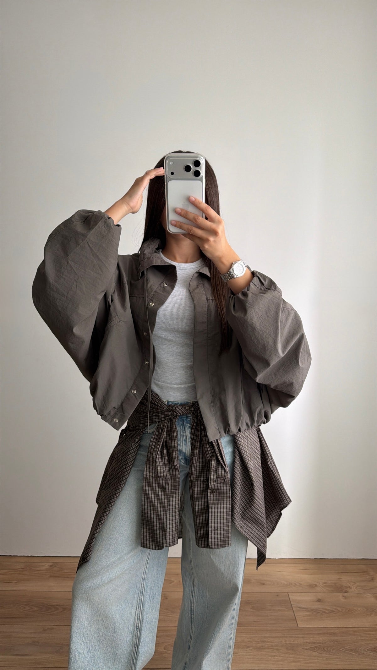 Flowy jacket with puff sleeves [light khaki]