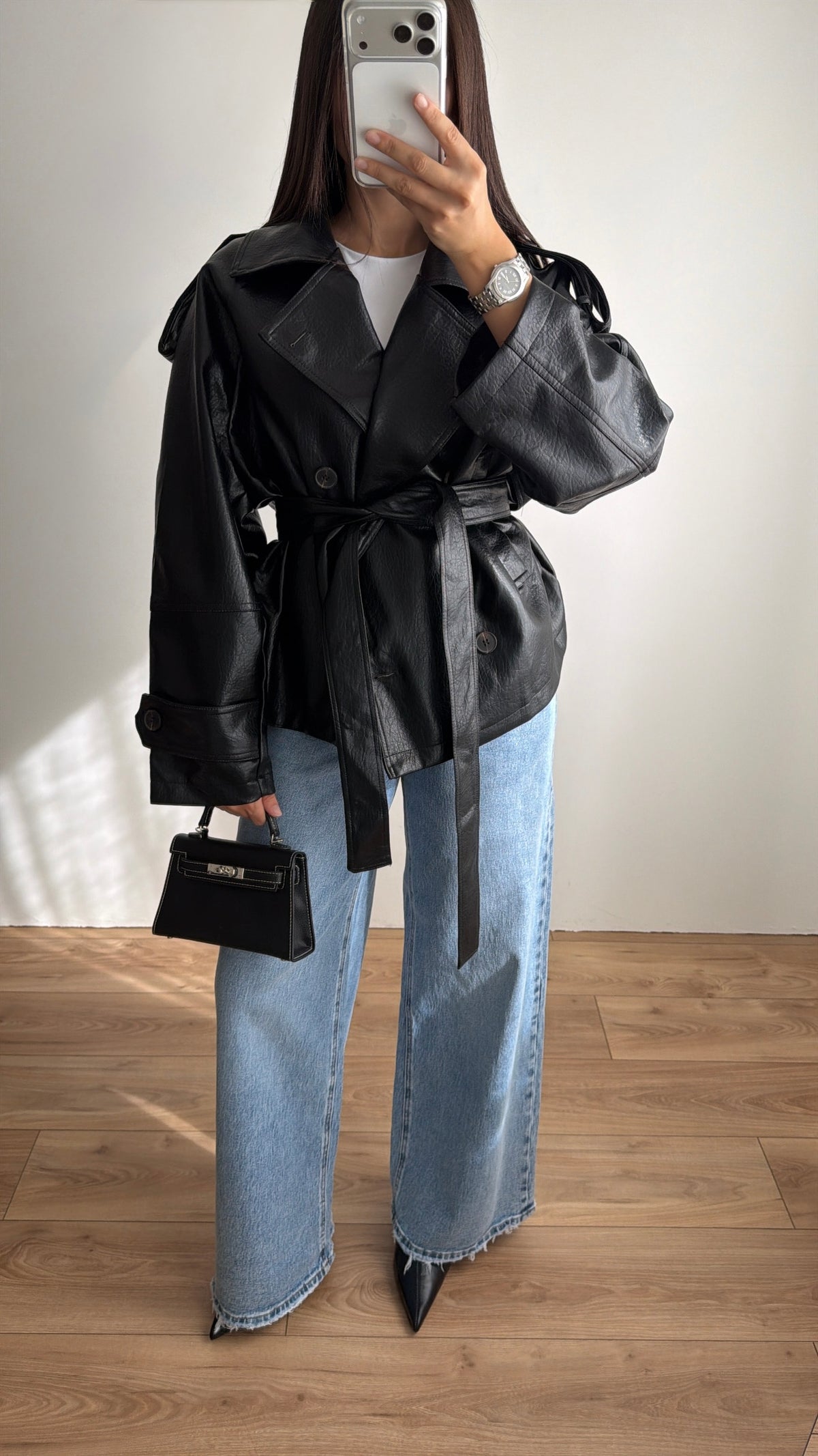 Trench loose en simili cuir [noir]