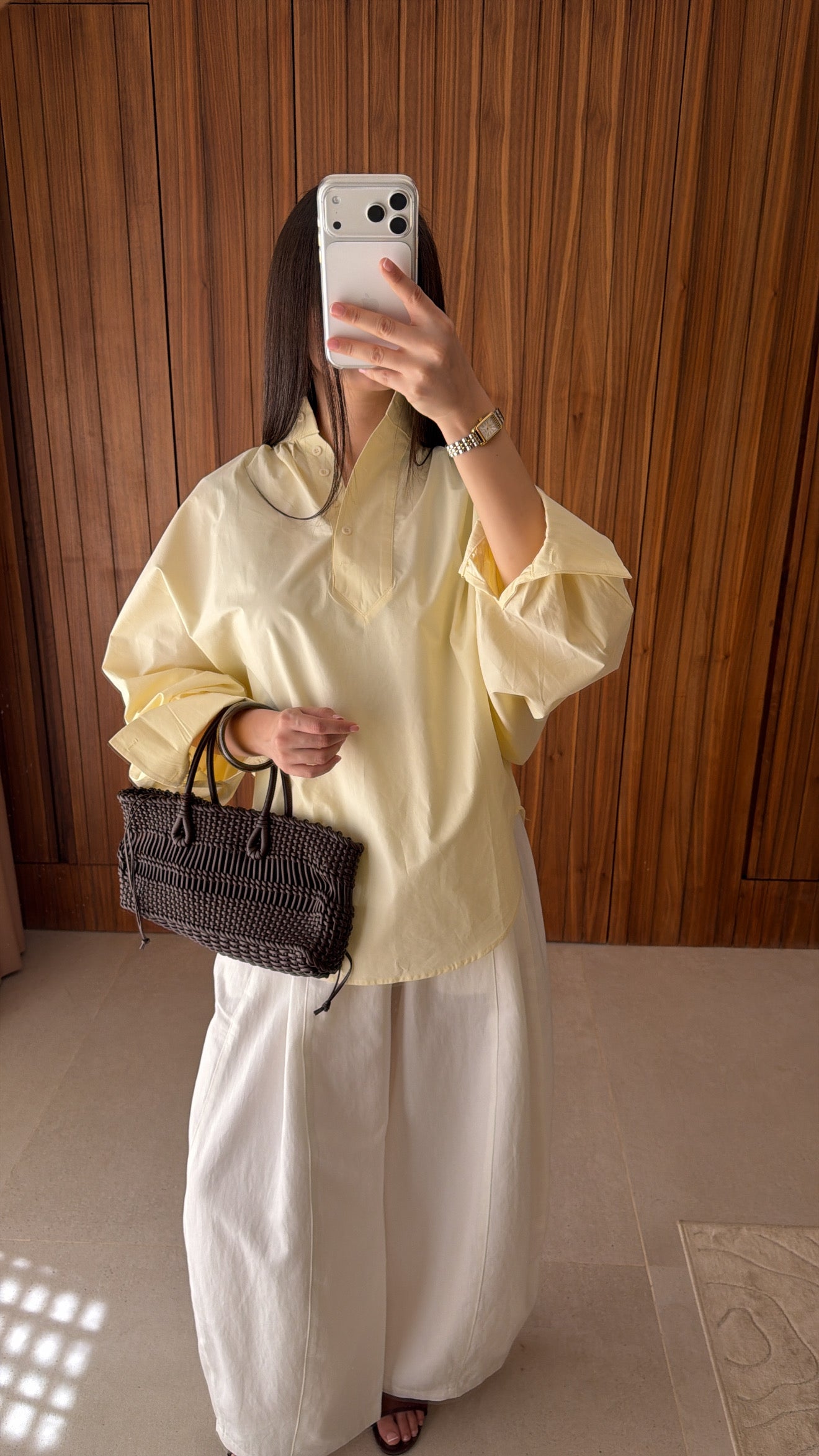 Chemise oversize à col rond [jaune]