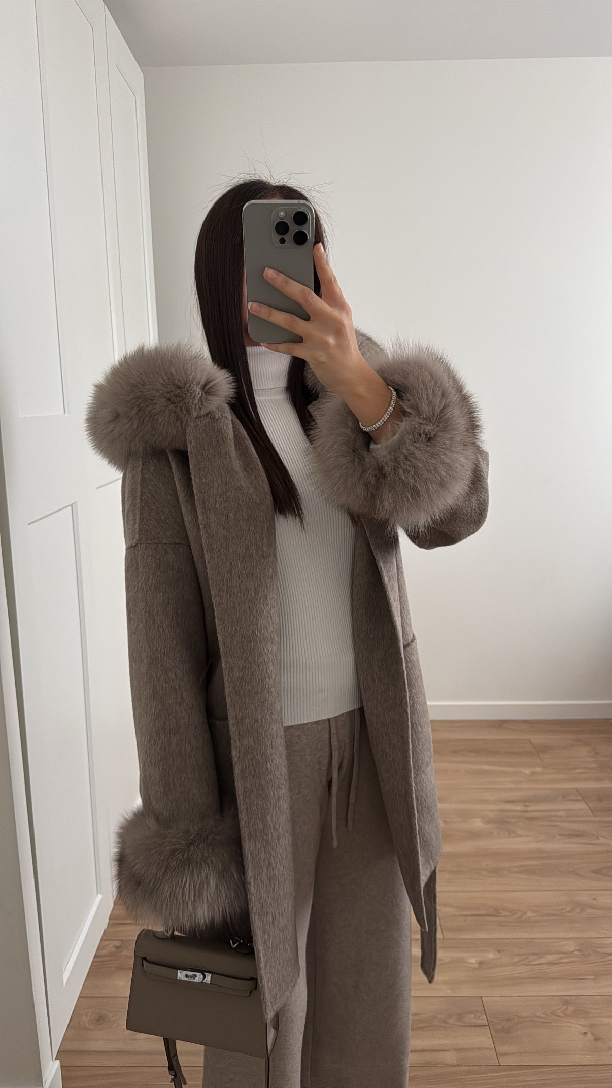 Manteau en laine et fourrure de renard [ taupe ]